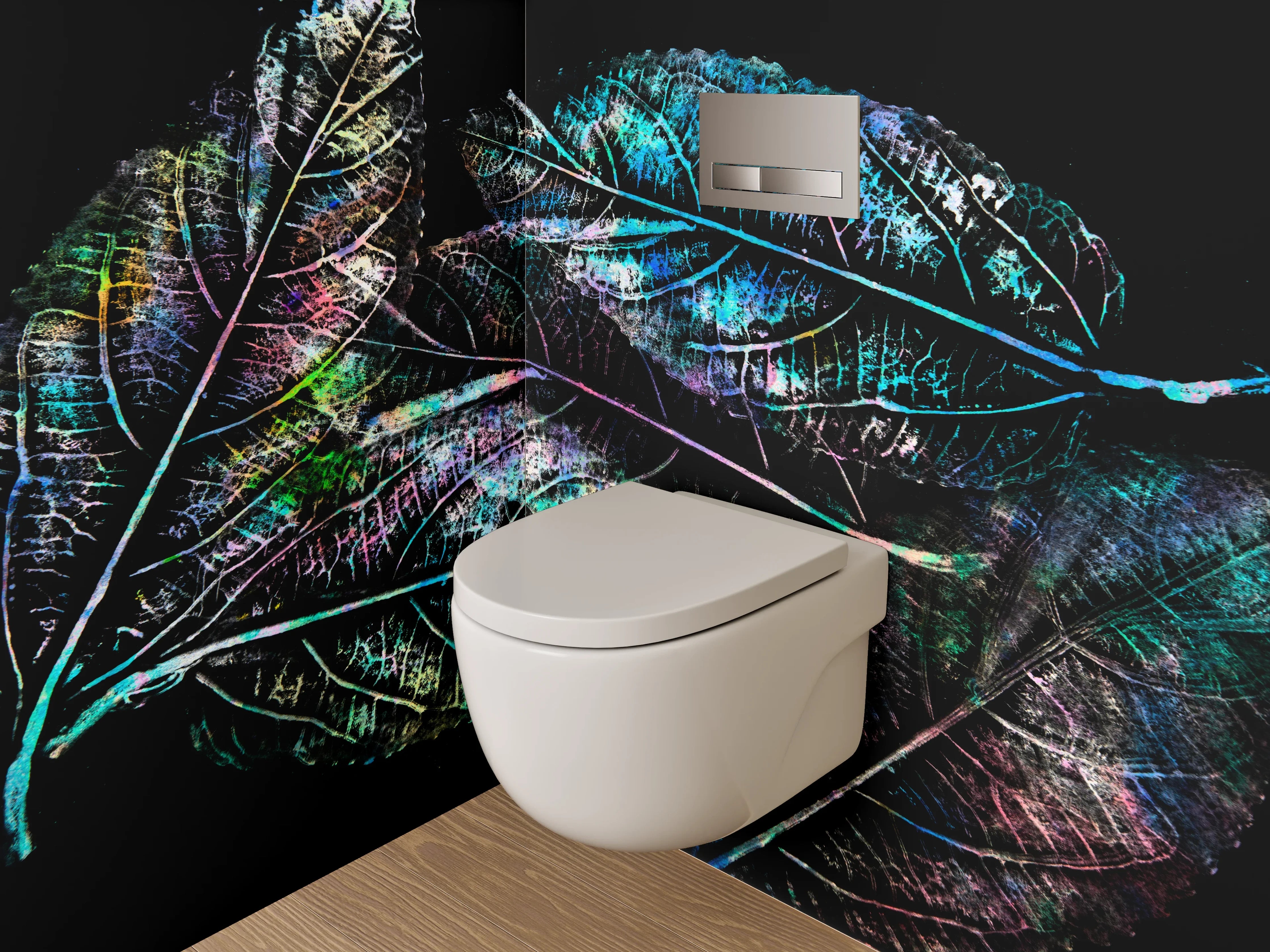 WC-Rückwand - Bunte Blätterkunst auf Schwarz