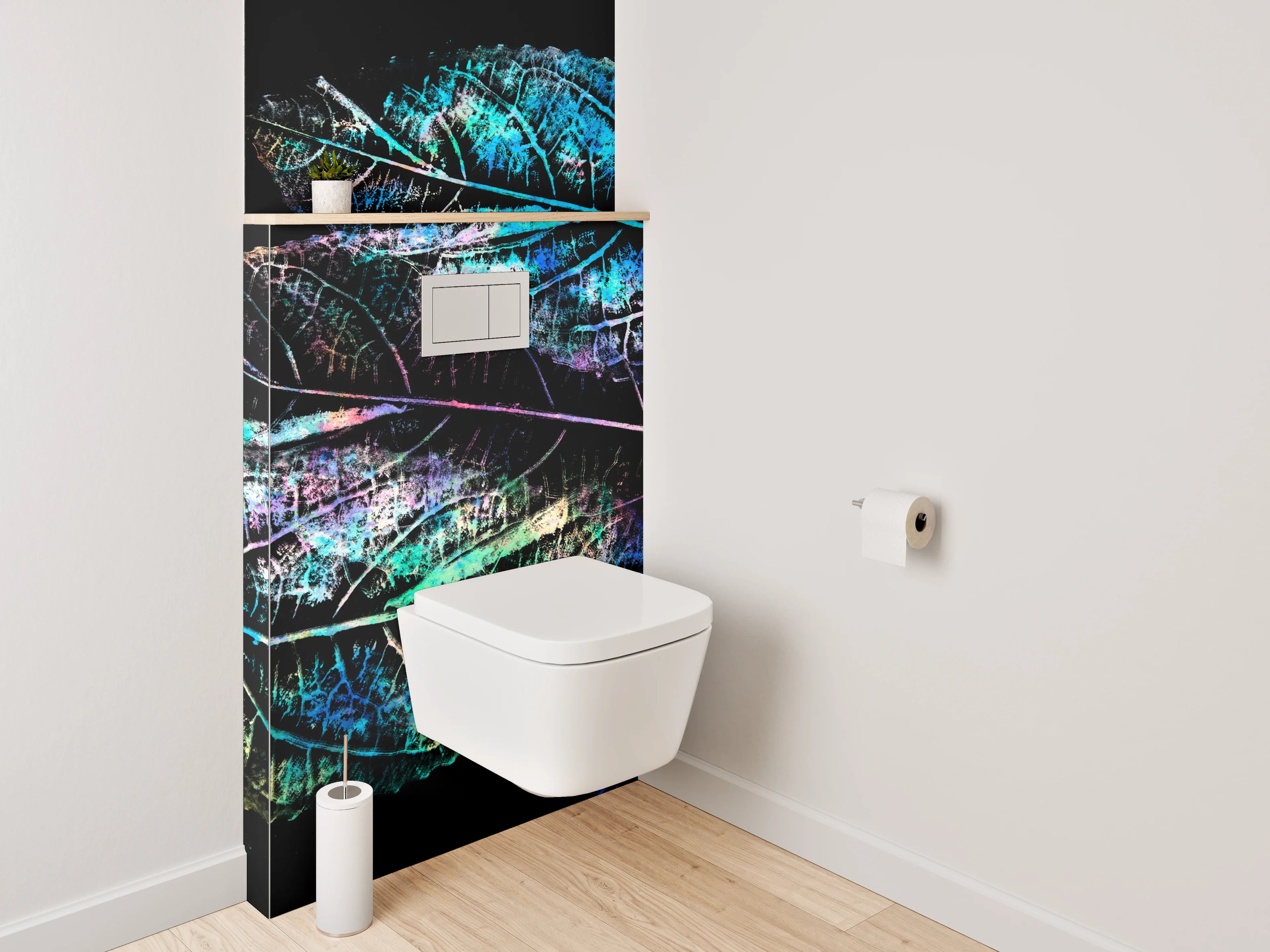 WC-Rückwand - Bunte Blätterkunst auf Schwarz