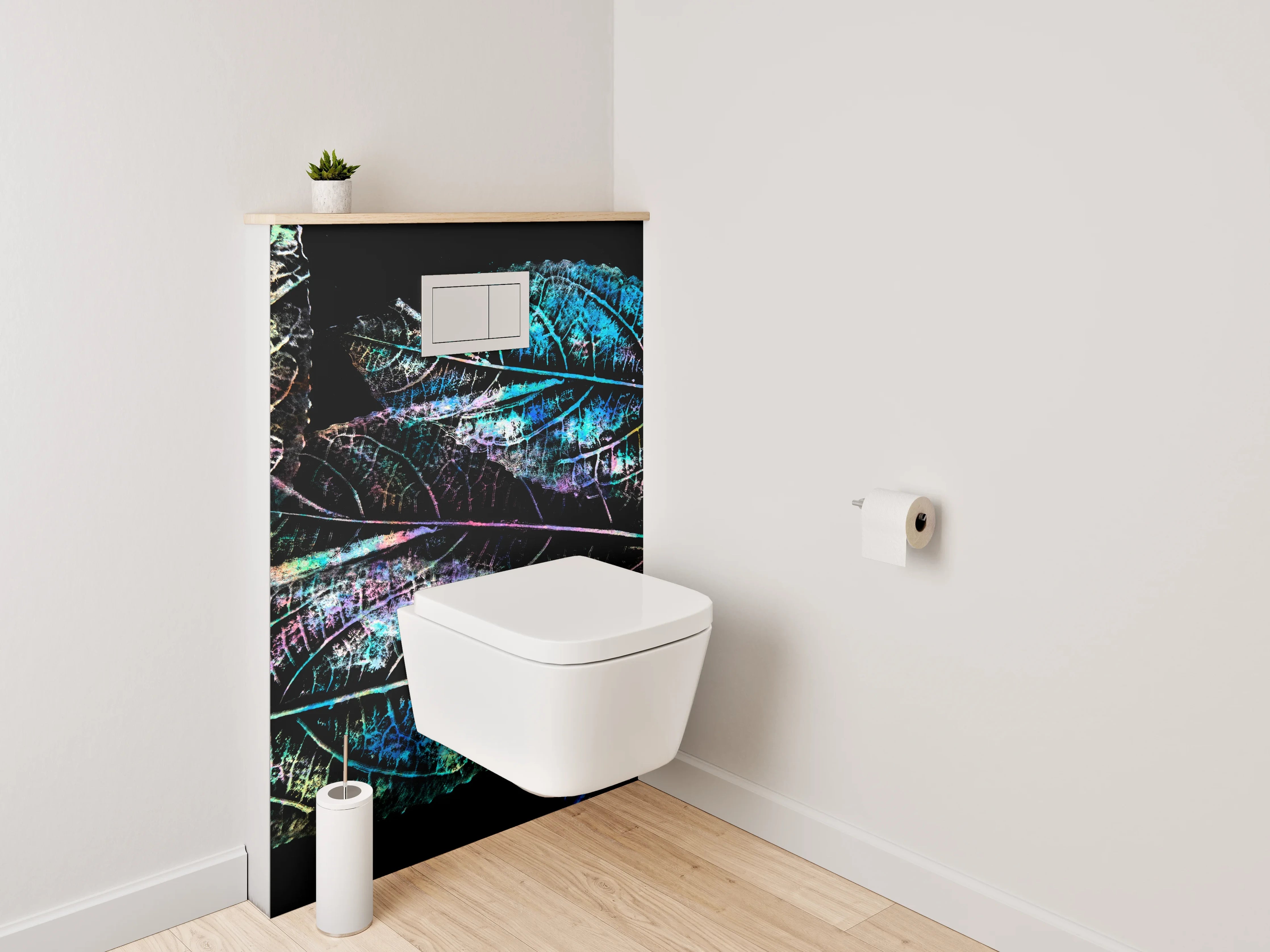 WC-Rückwand - Bunte Blätterkunst auf Schwarz
