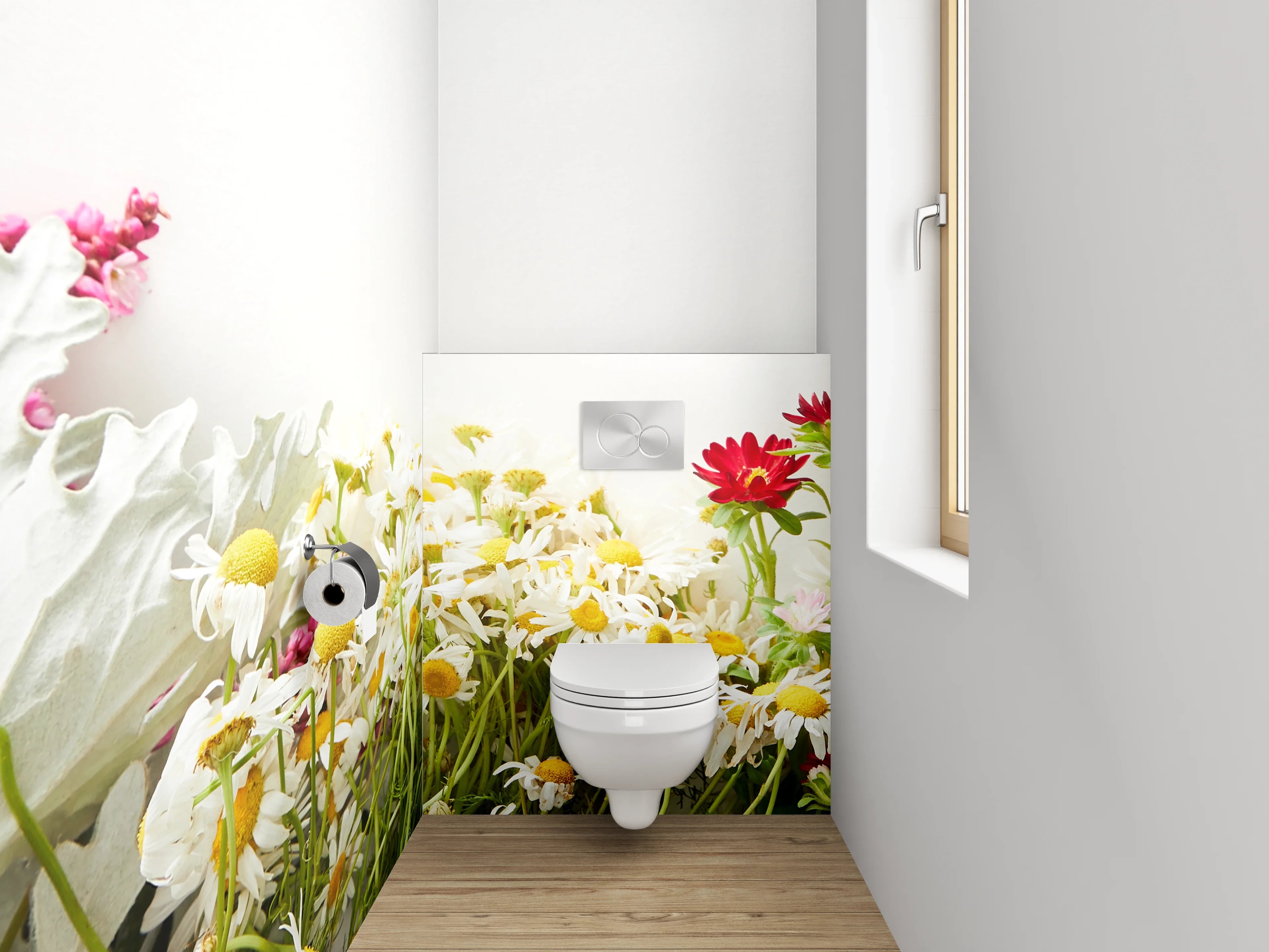 WC-Rückwand - Bunte Blumen-Wiese auf Weiß
