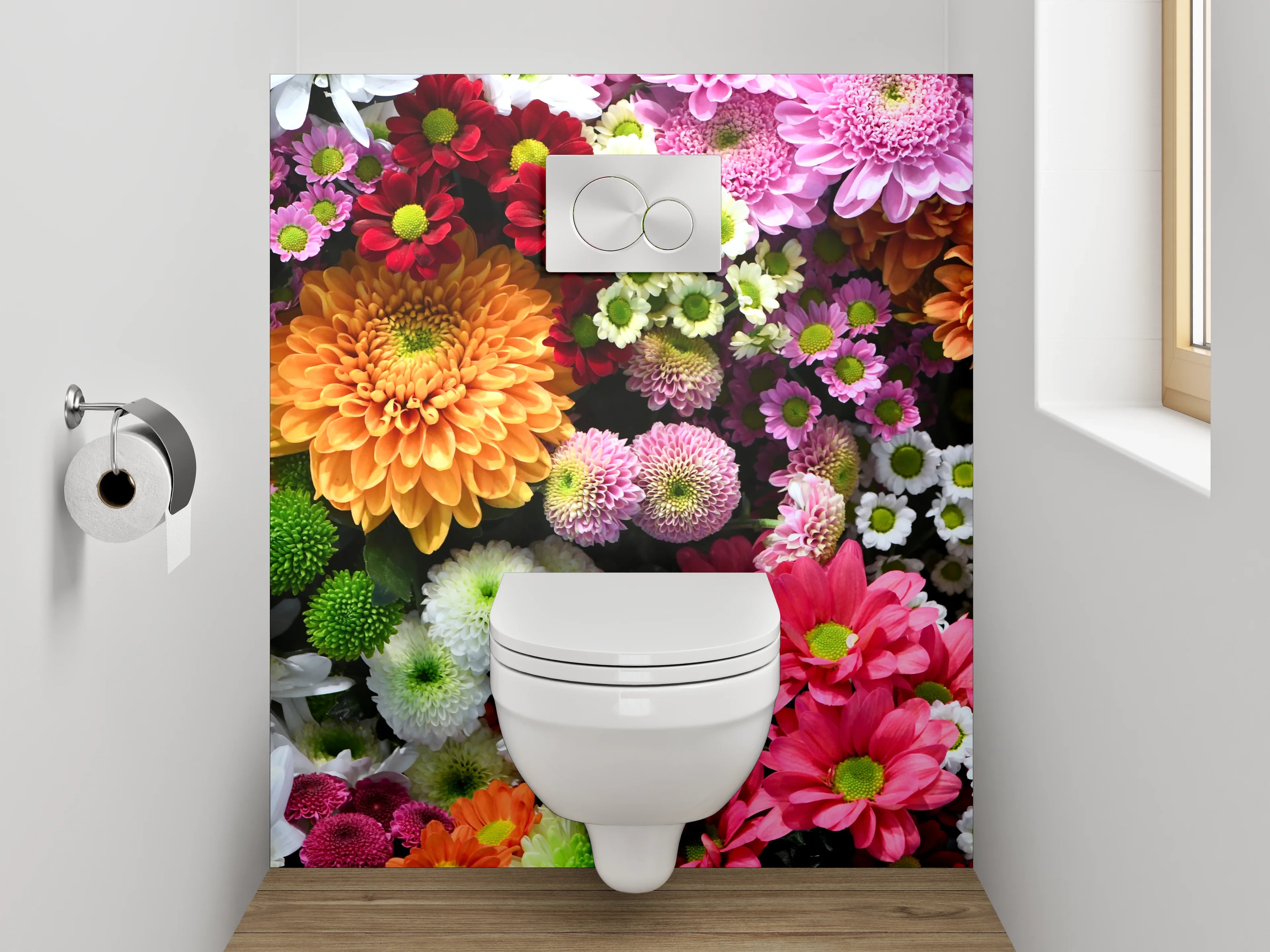 WC-Rückwand - Bunte Blumencollage fürs Badezimmer