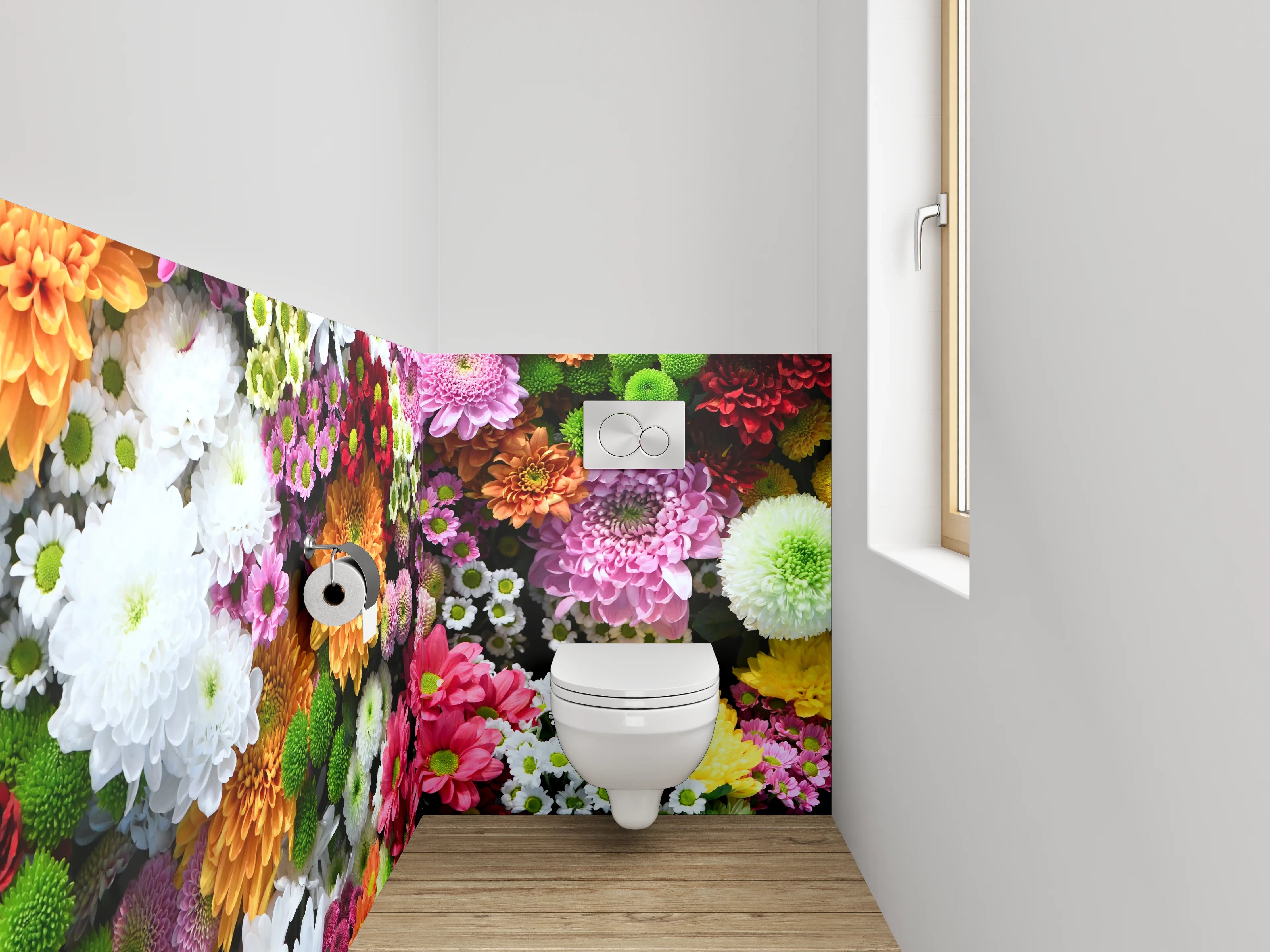 WC-Rückwand - Bunte Blumencollage fürs Badezimmer