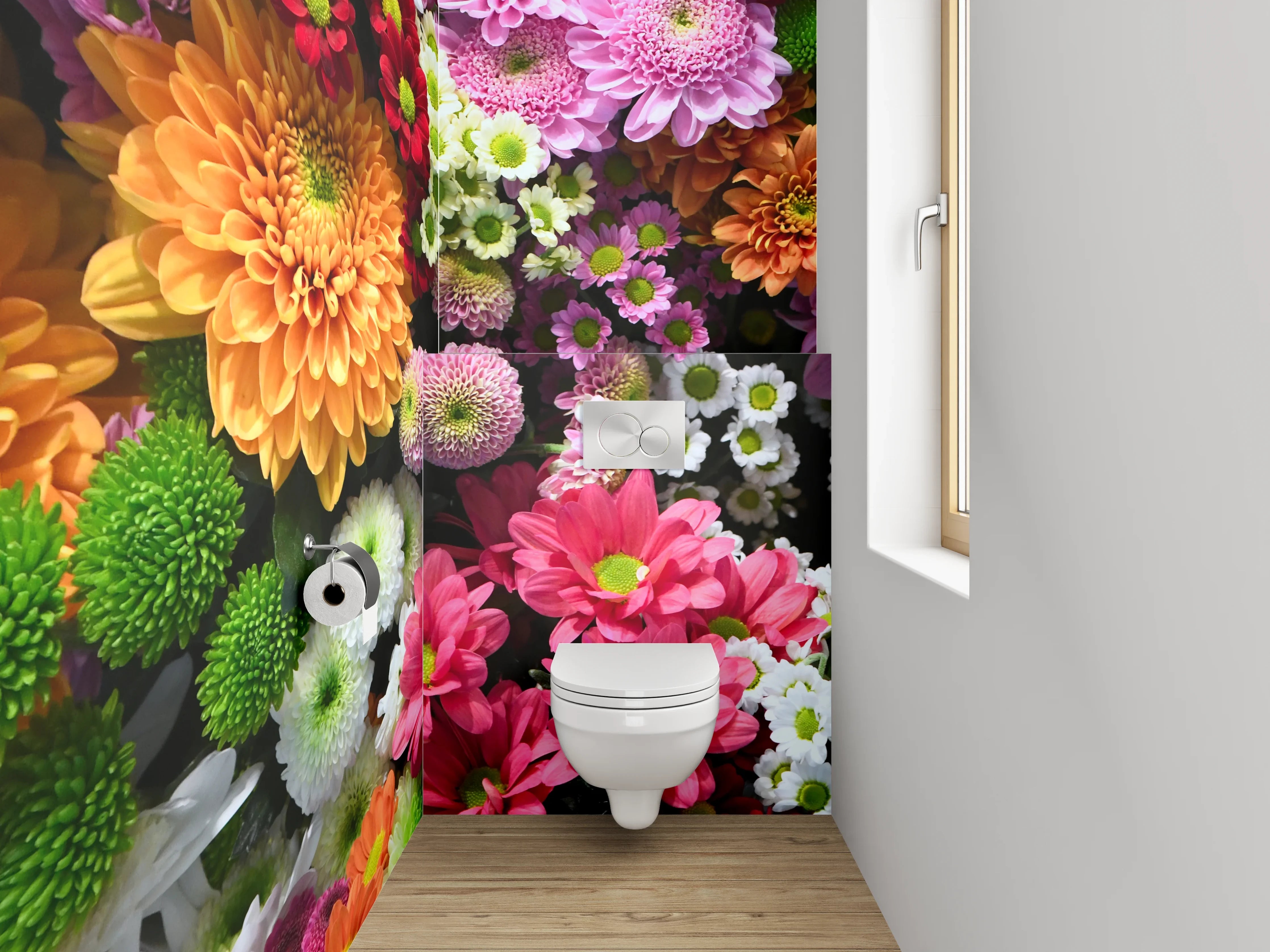WC-Rückwand - Bunte Blumencollage fürs Badezimmer