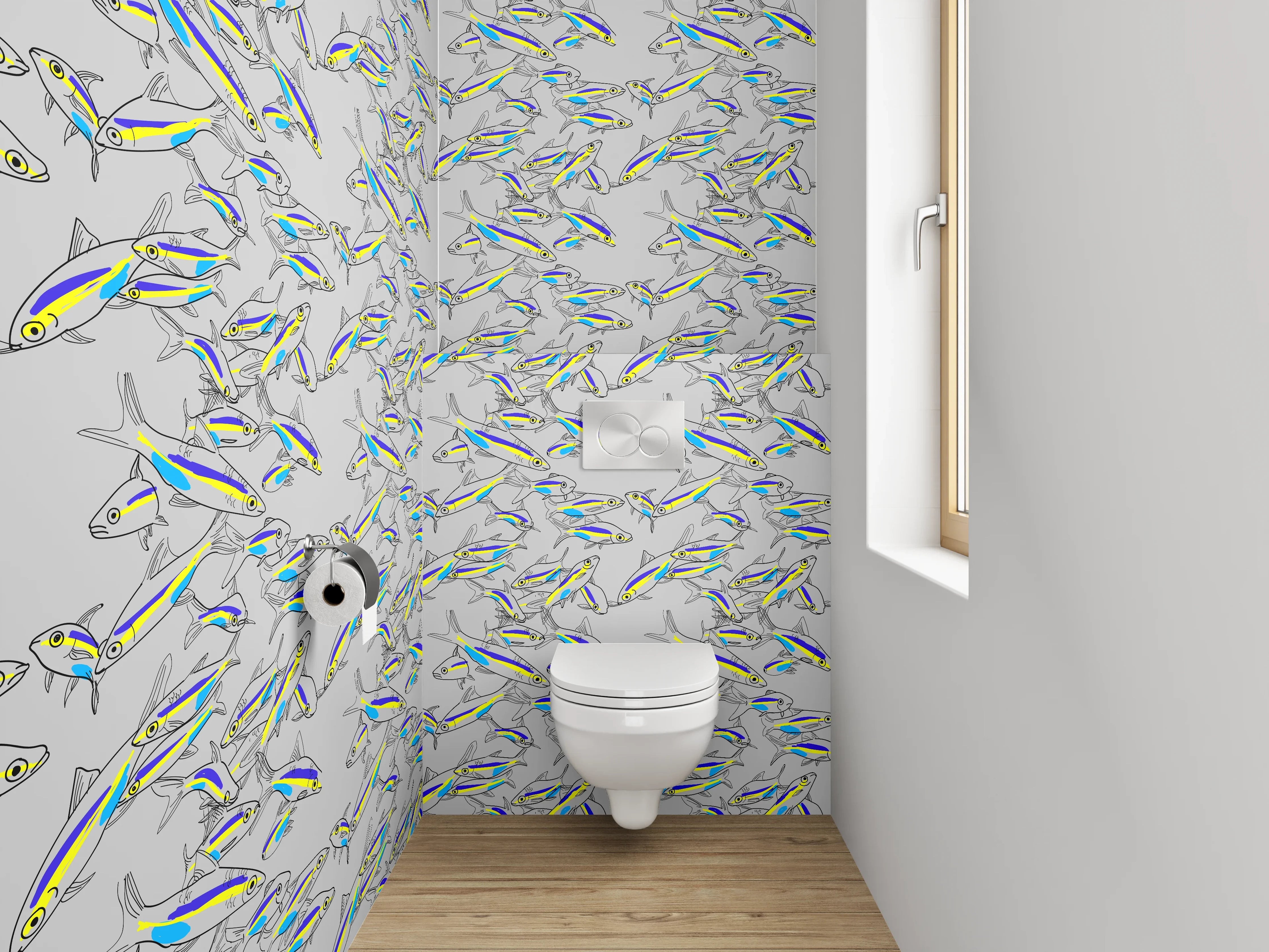 WC-Rückwand - Bunte Fisch-Schwärme Illustrationsmuster
