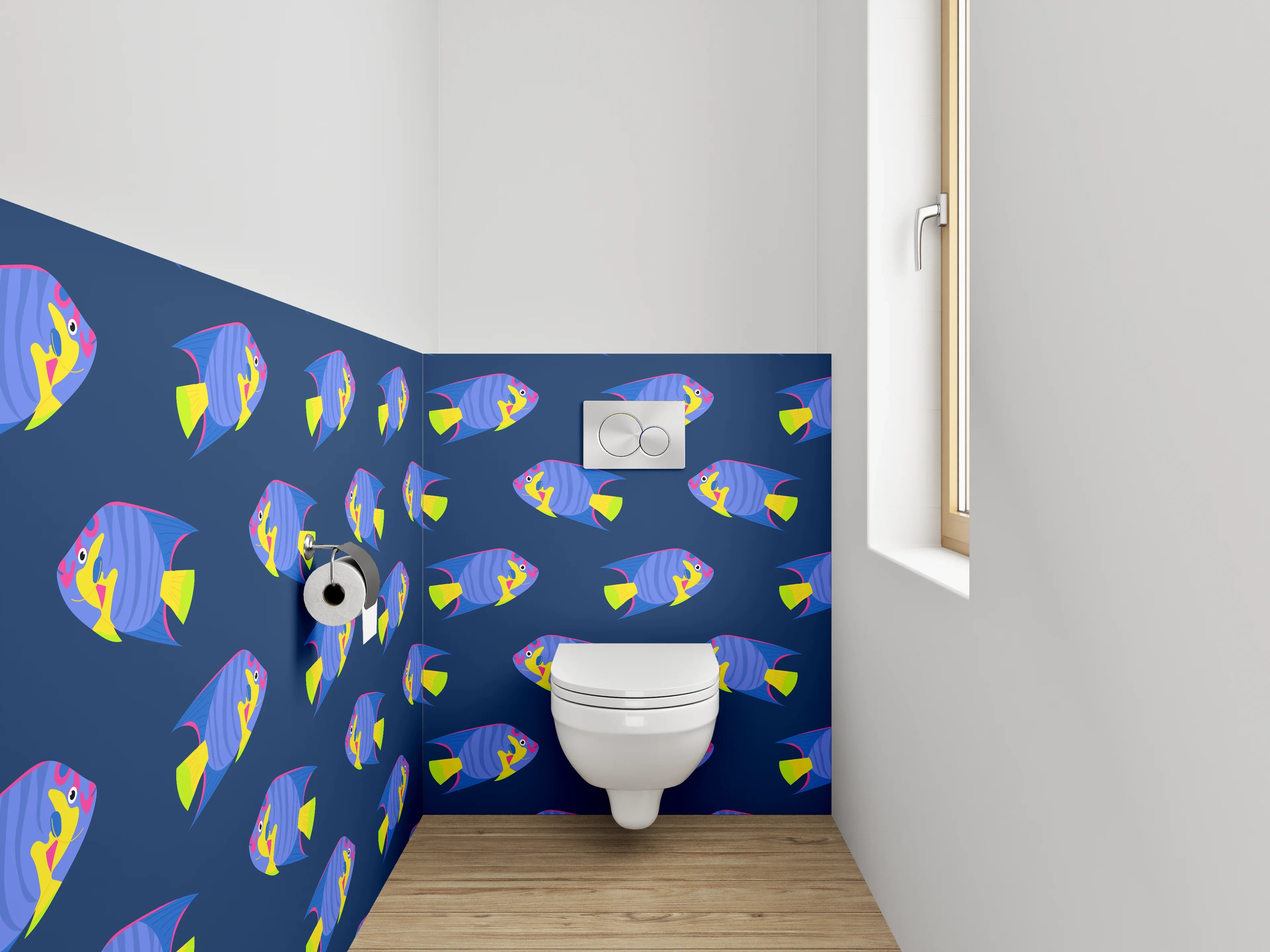 WC-Rückwand - Bunte Fischmuster auf dunklem Hintergrund