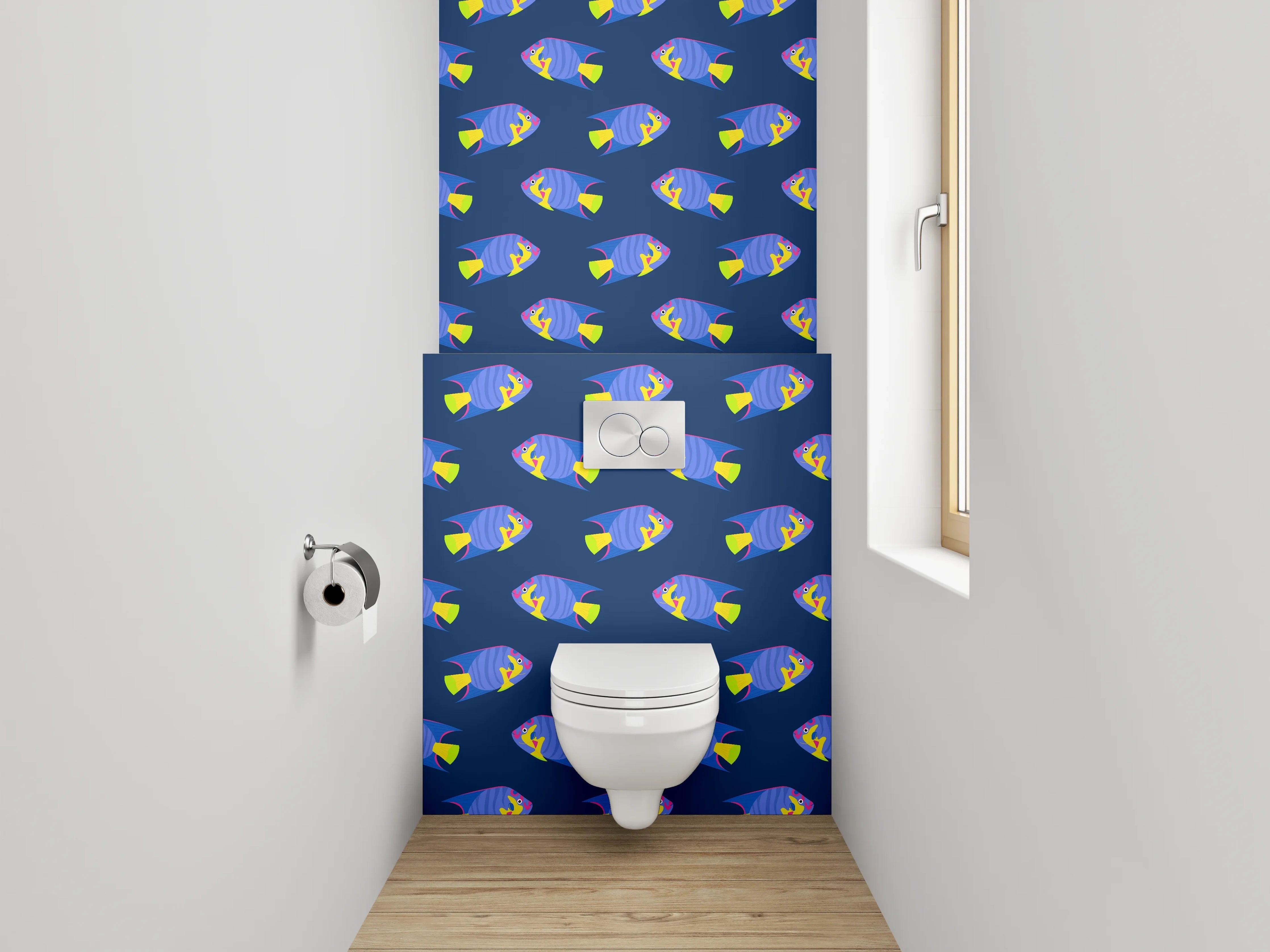 WC-Rückwand - Bunte Fischmuster auf dunklem Hintergrund