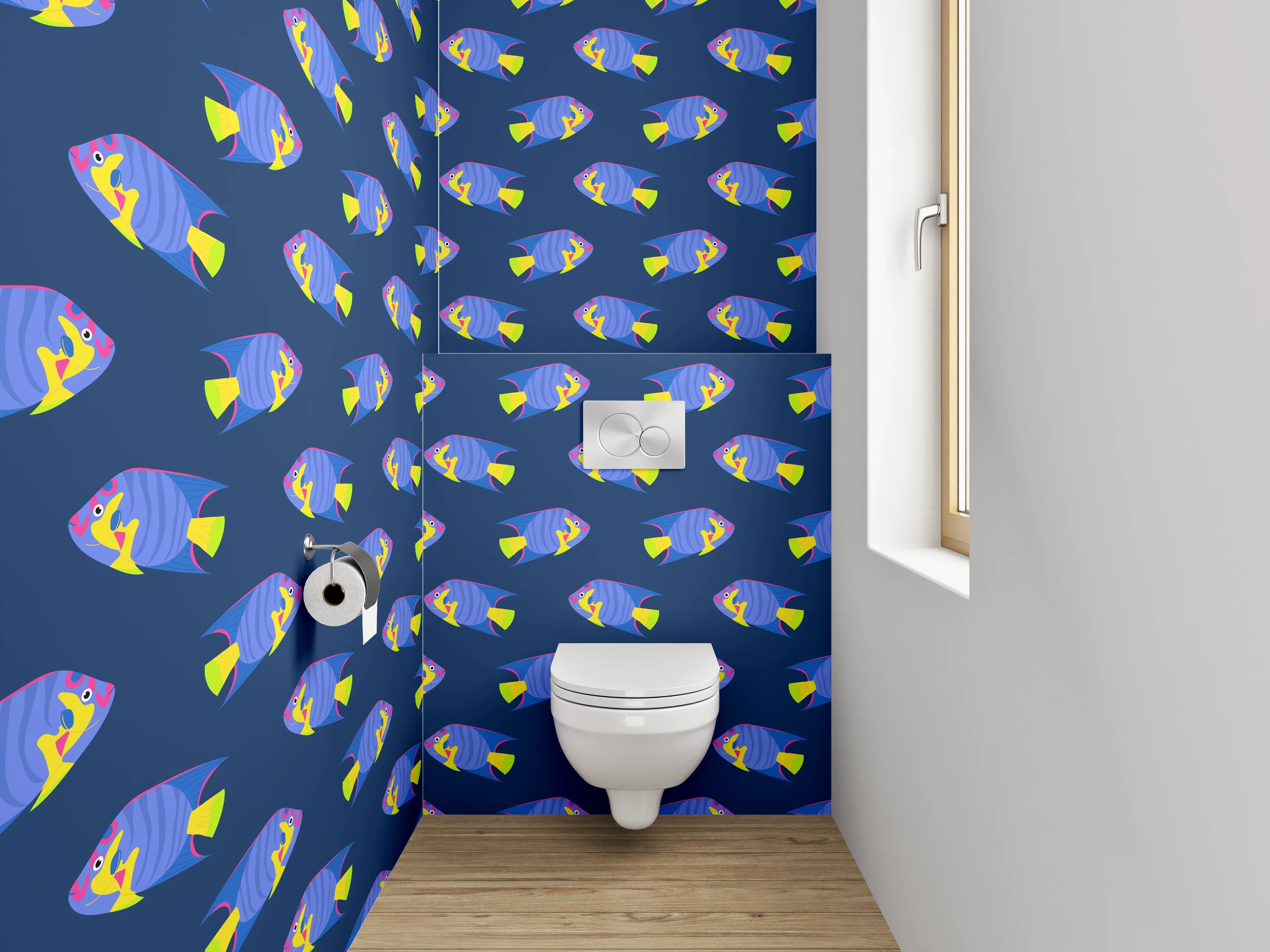 WC-Rückwand - Bunte Fischmuster auf dunklem Hintergrund