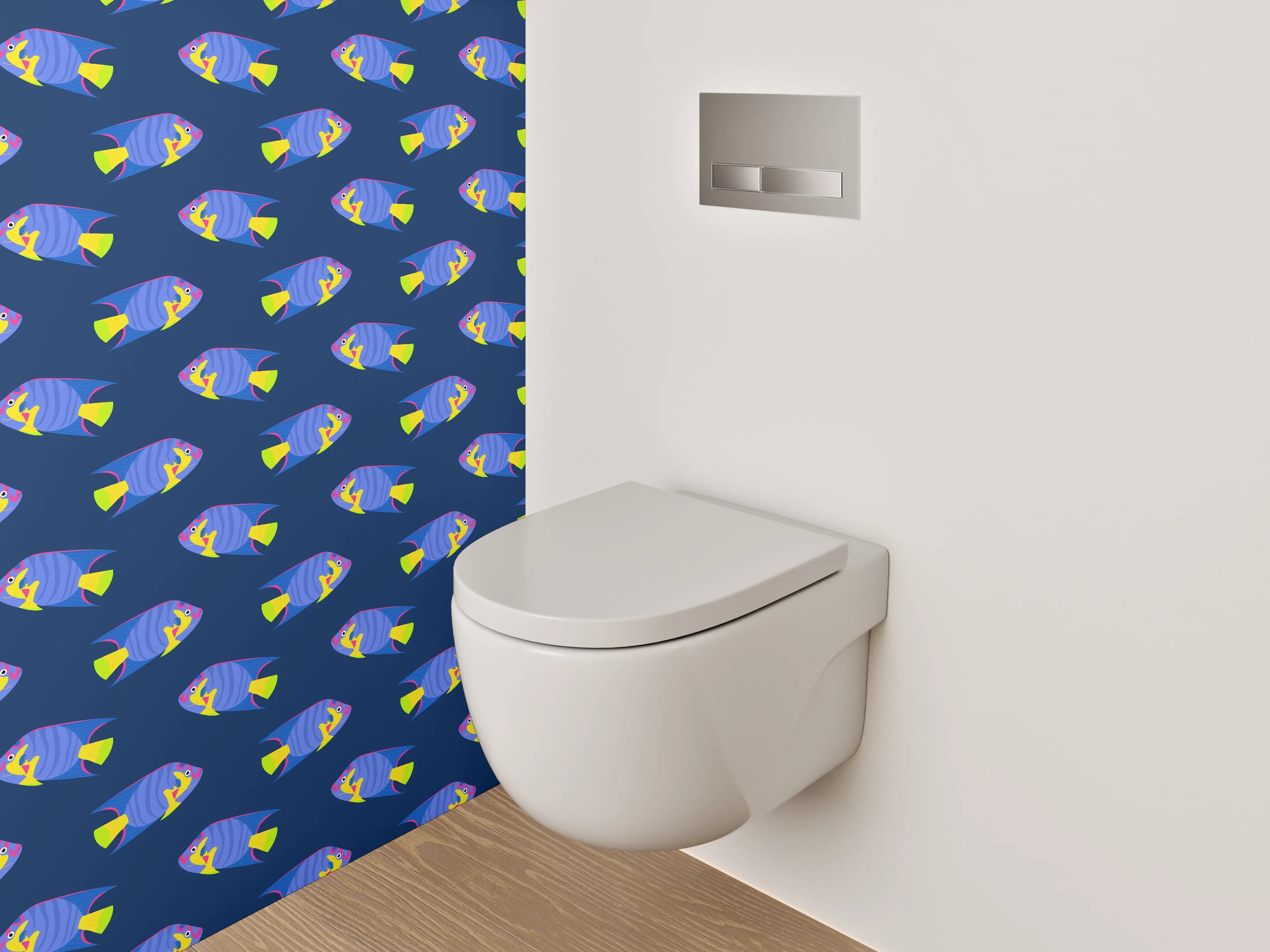 WC-Rückwand - Bunte Fischmuster auf dunklem Hintergrund