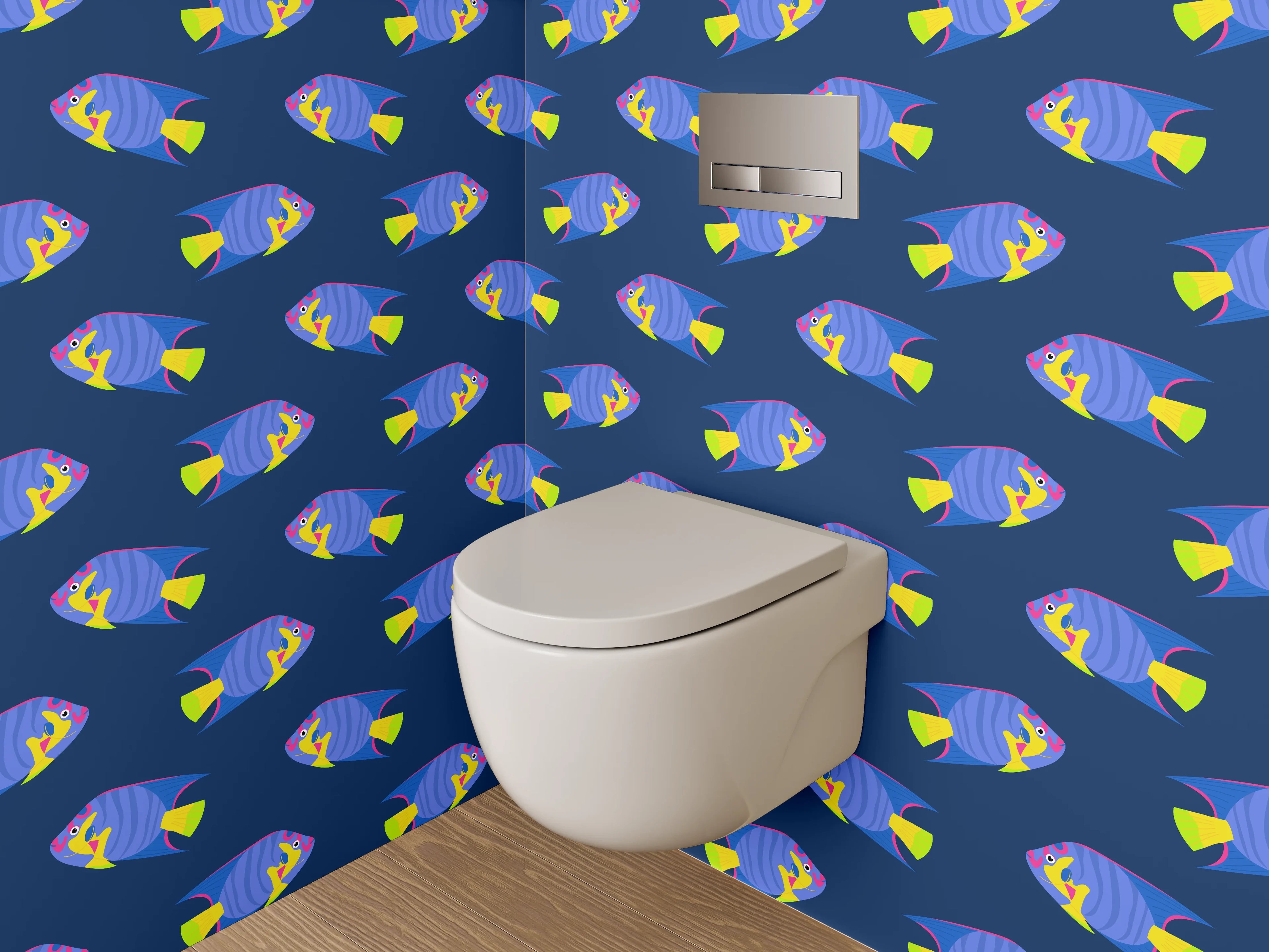WC-Rückwand - Bunte Fischmuster auf dunklem Hintergrund
