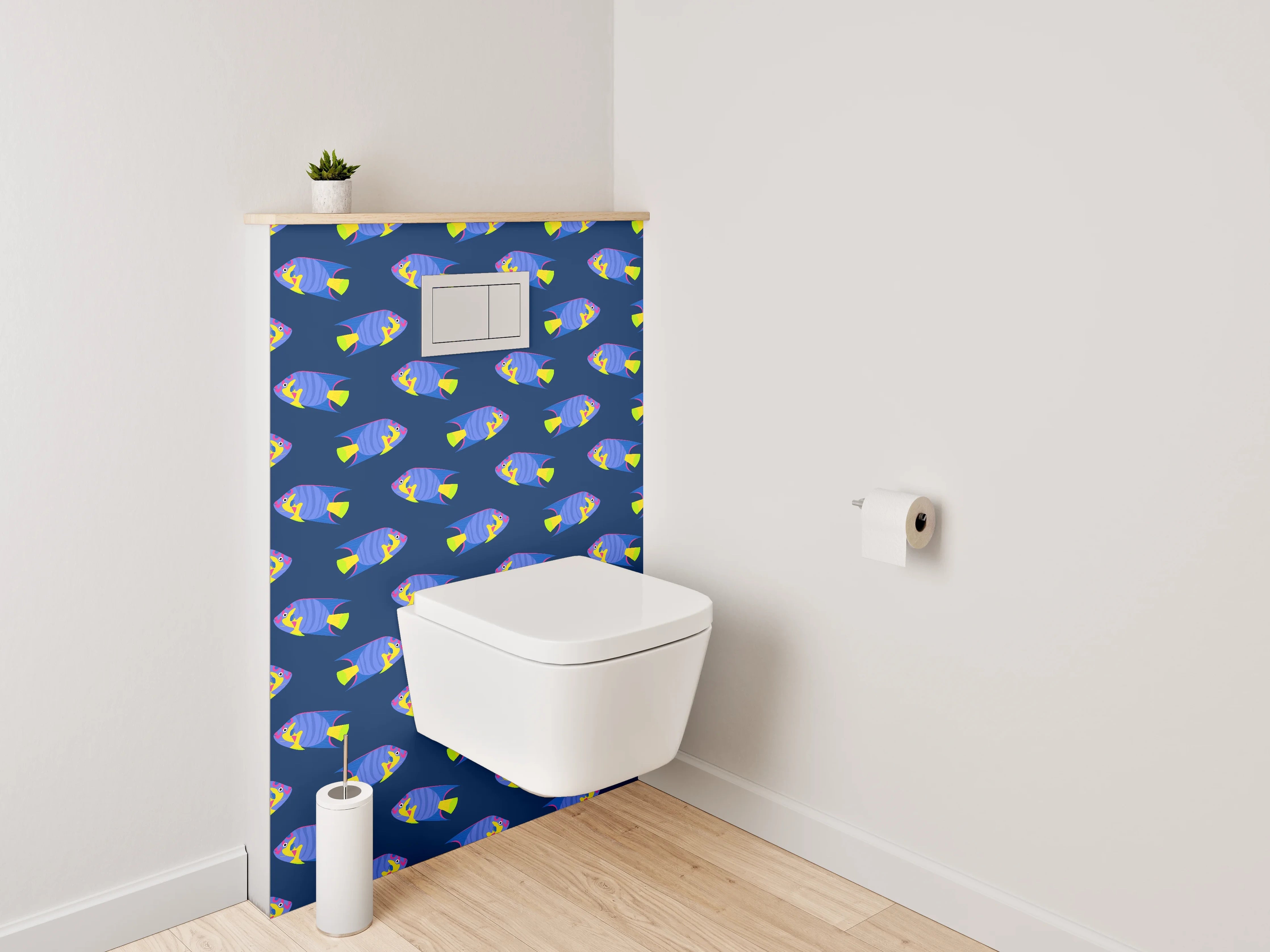 WC-Rückwand - Bunte Fischmuster auf dunklem Hintergrund