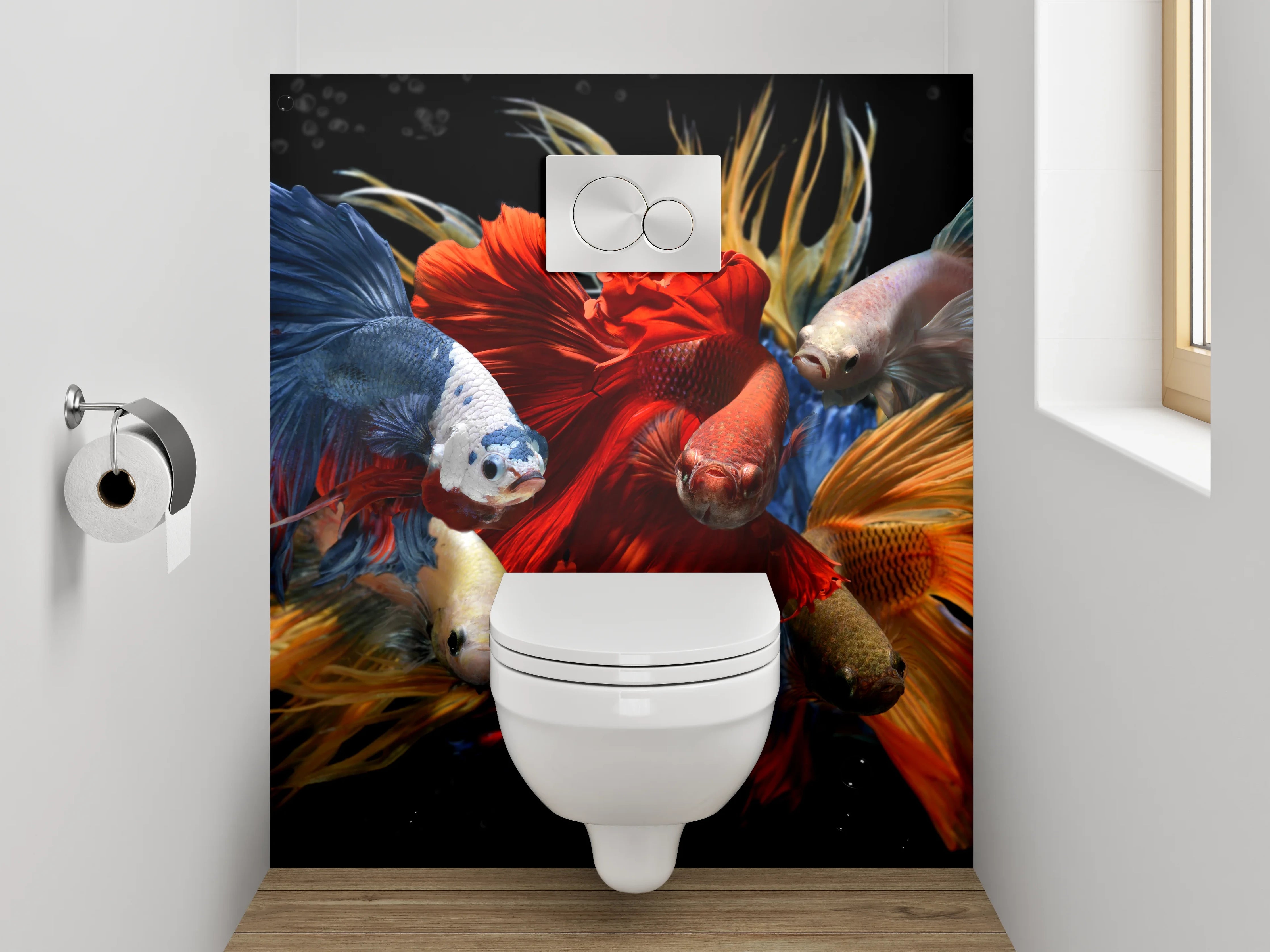 WC-Rückwand - Bunte Kampffische in Bewegung