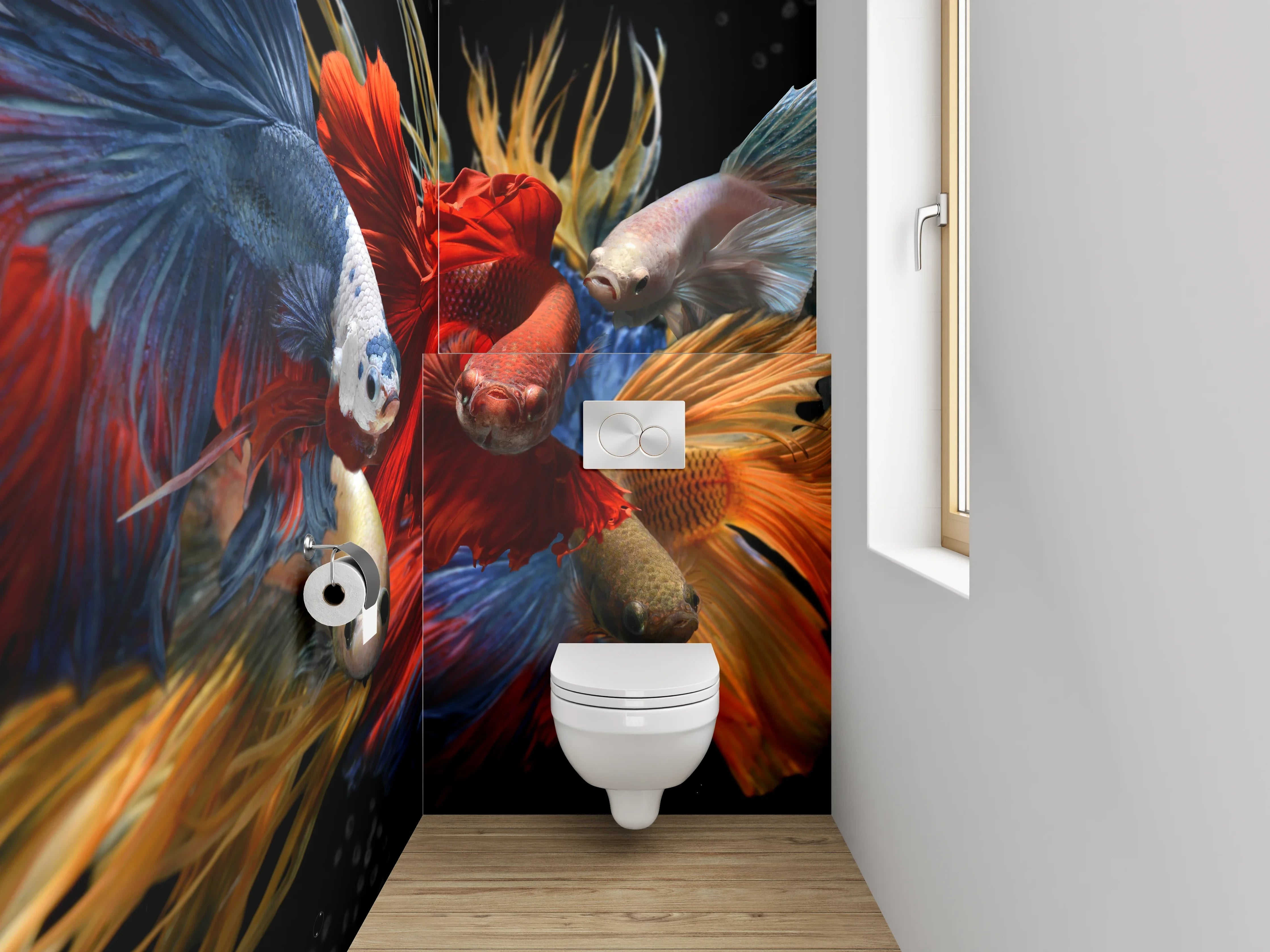 WC-Rückwand - Bunte Kampffische in Bewegung