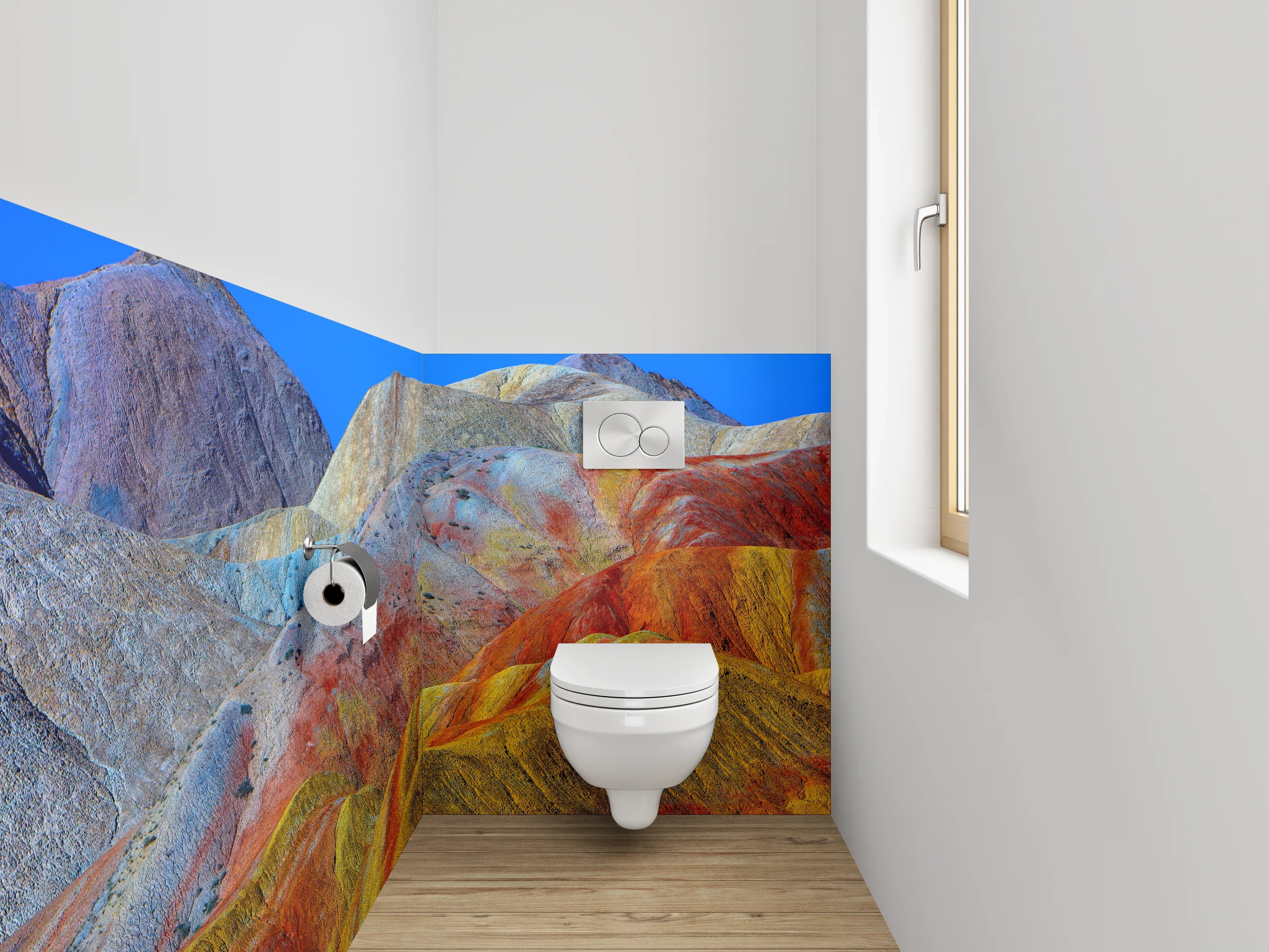 WC-Rückwand - Bunte Landschaft Berge Muster Fototapete