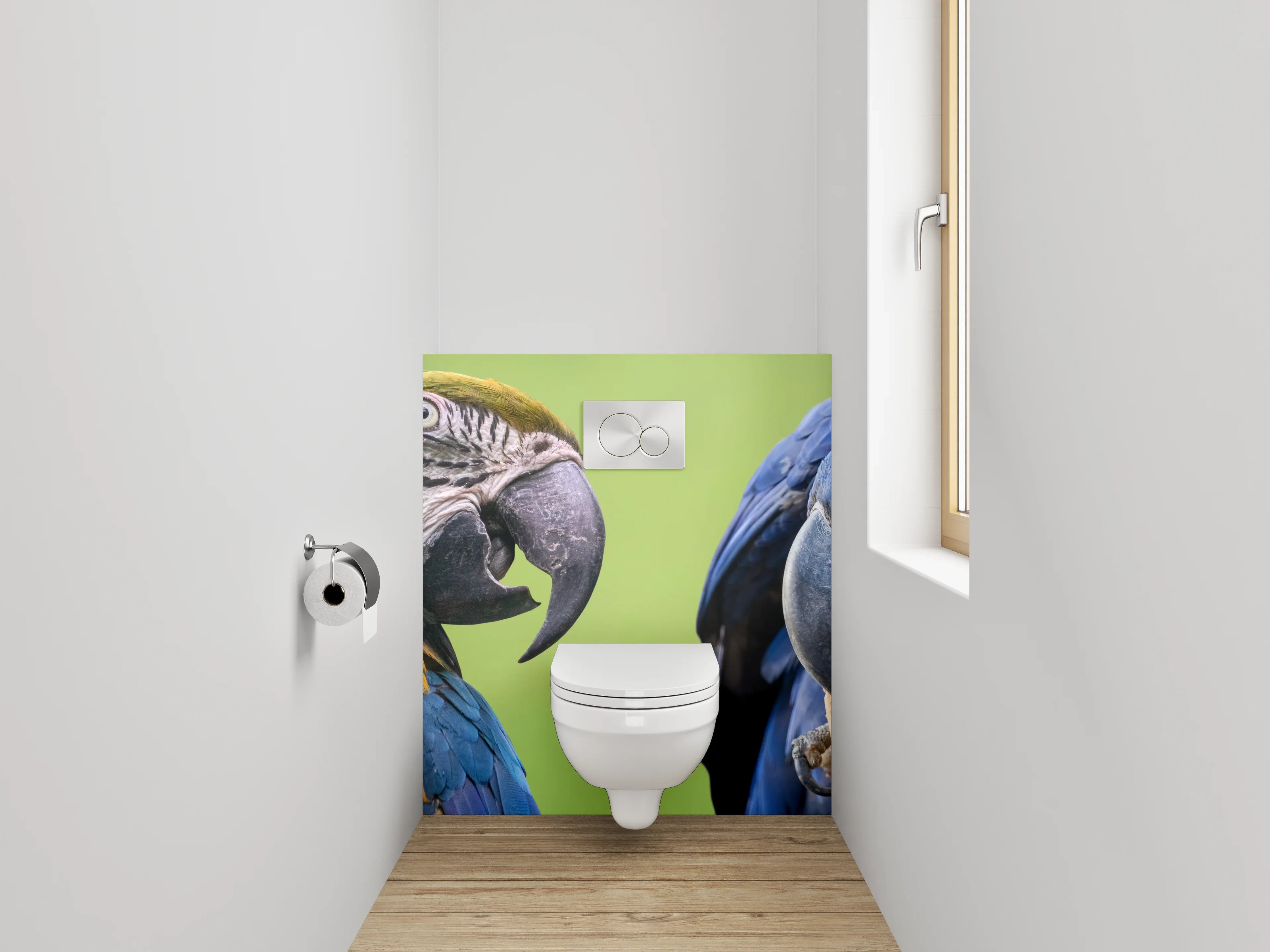 WC-Rückwand - Bunte Papageien auf Tropenast