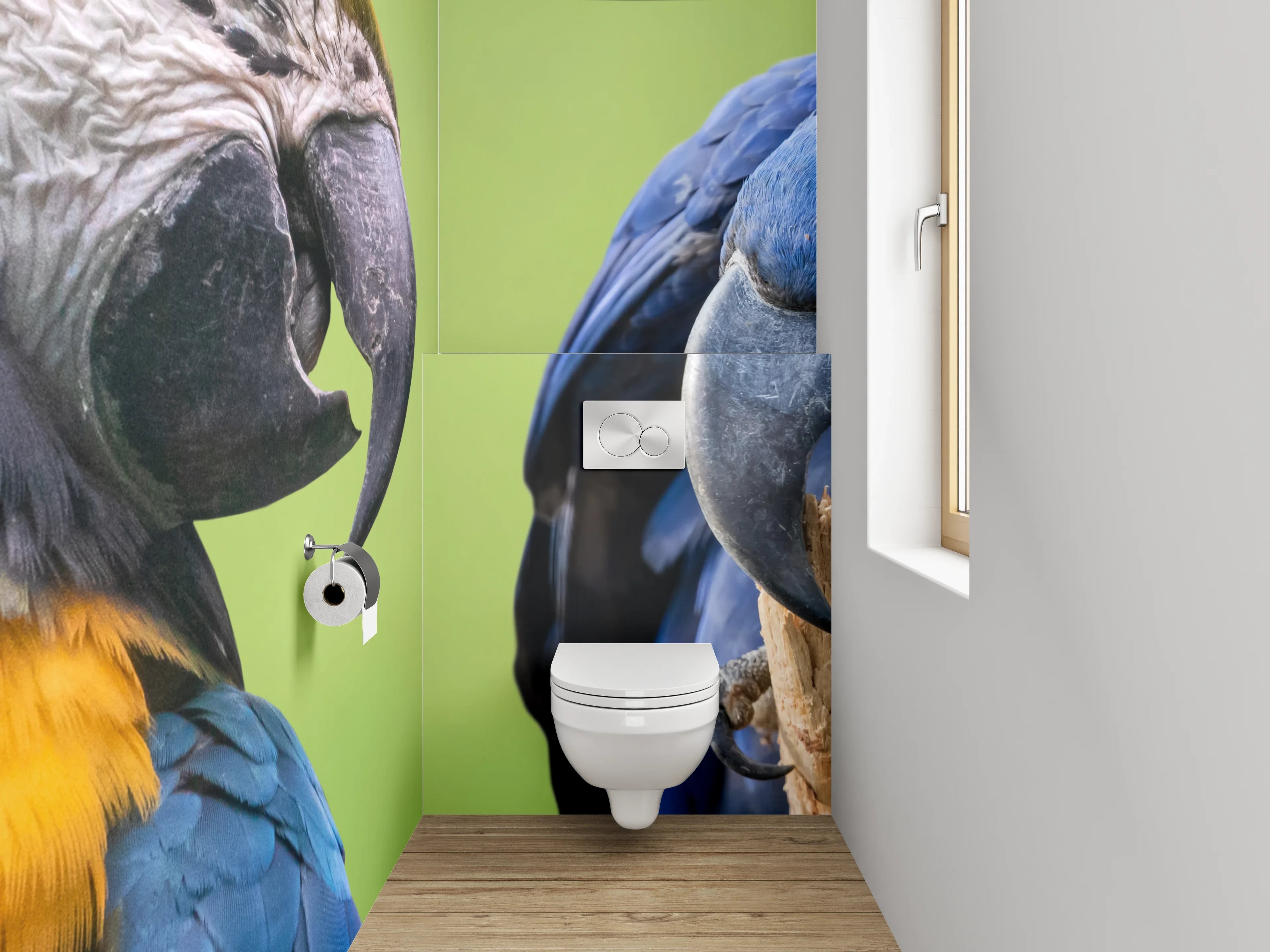 WC-Rückwand - Bunte Papageien auf Tropenast