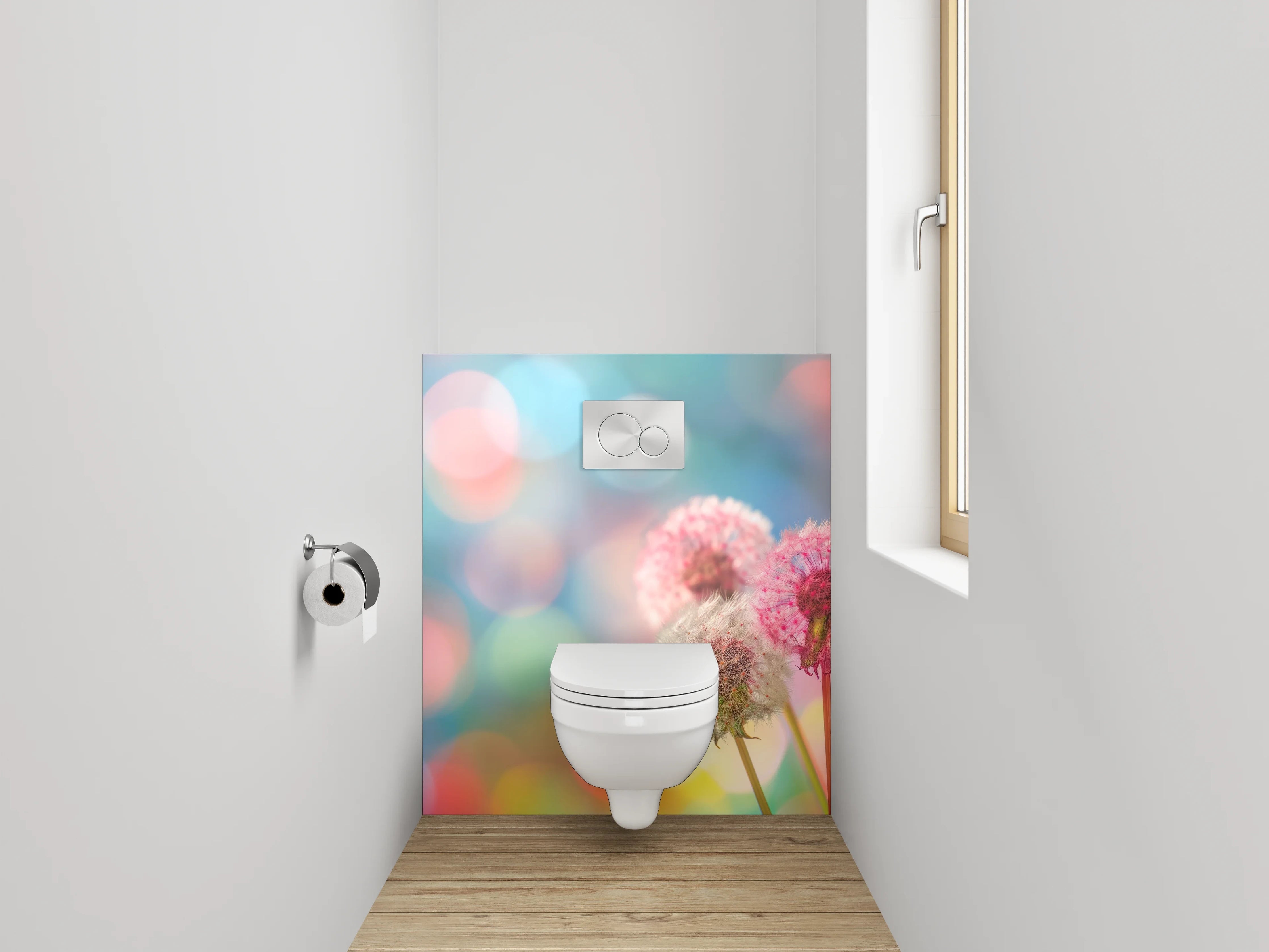 WC-Rückwand - Bunte Pusteblumen auf abstraktem Hintergrund