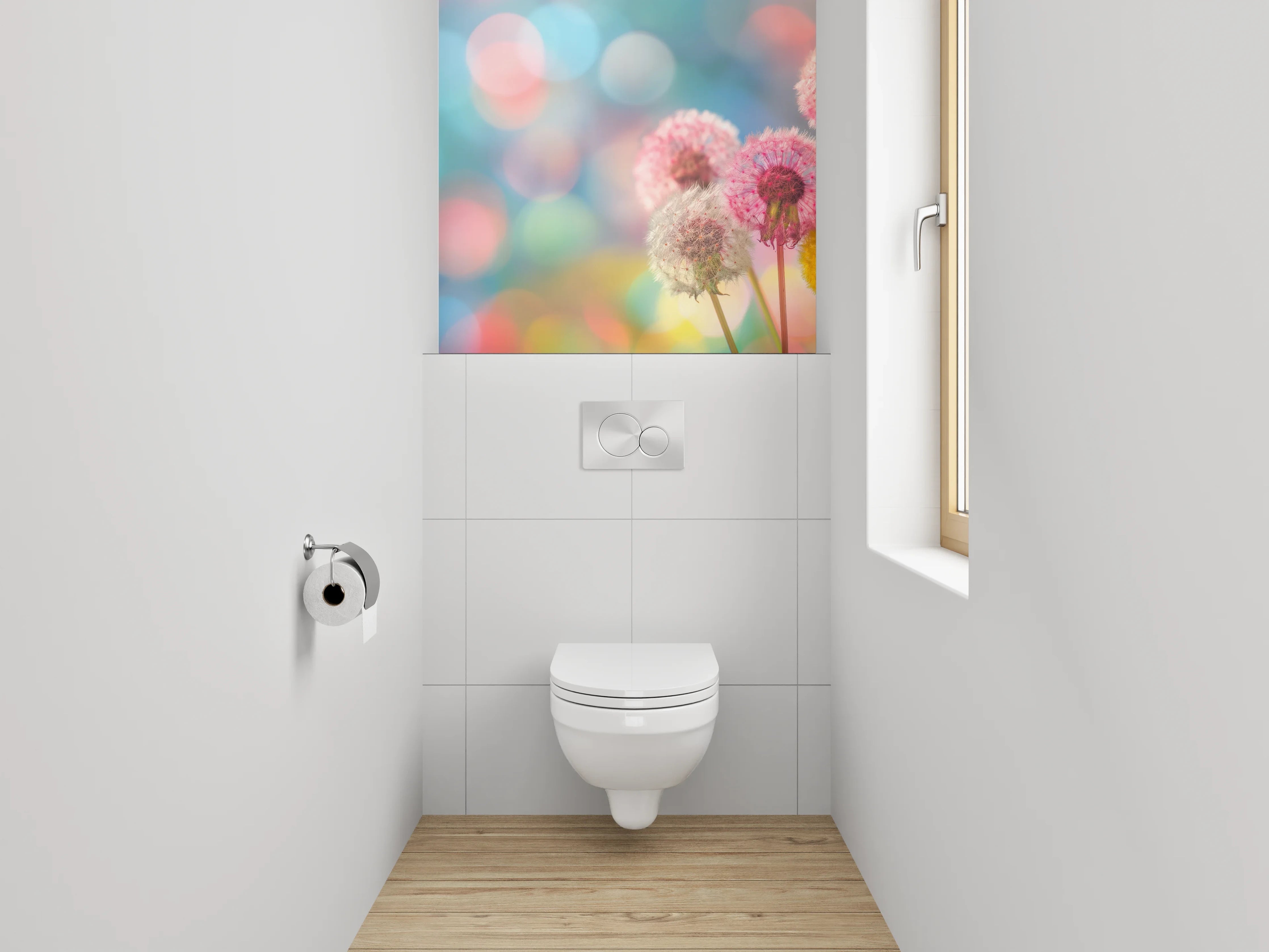 WC-Rückwand - Bunte Pusteblumen auf abstraktem Hintergrund