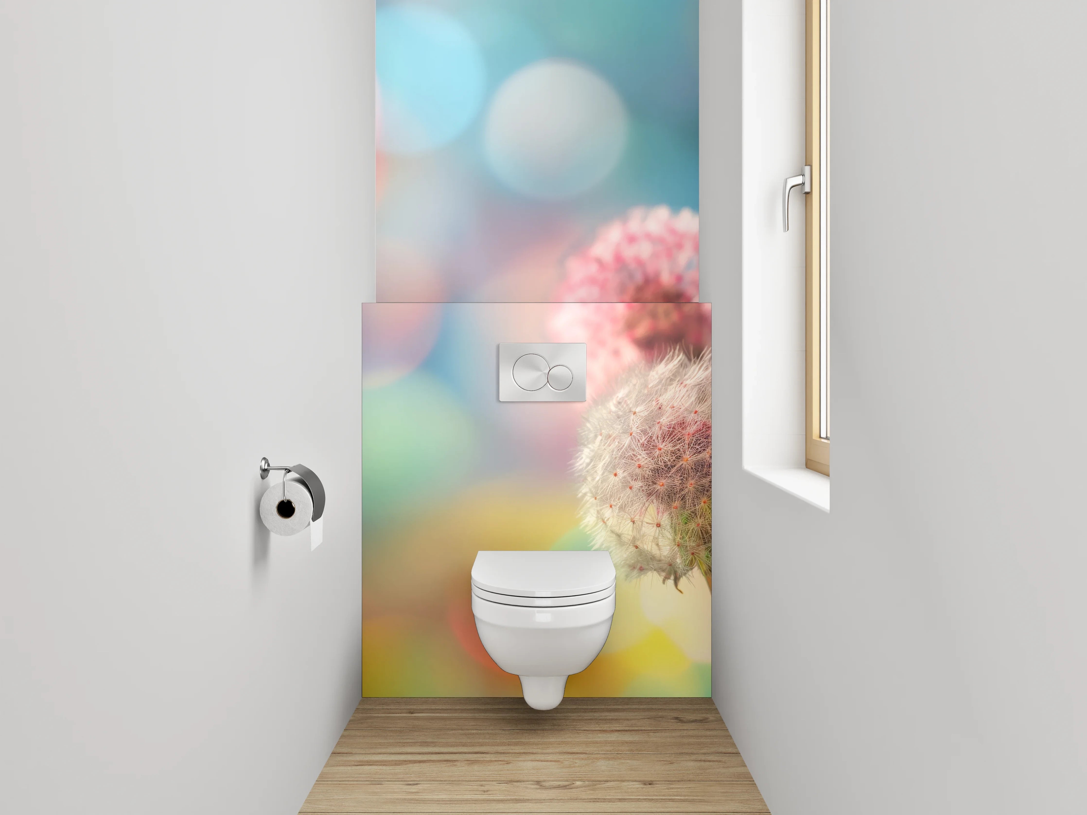 WC-Rückwand - Bunte Pusteblumen auf abstraktem Hintergrund