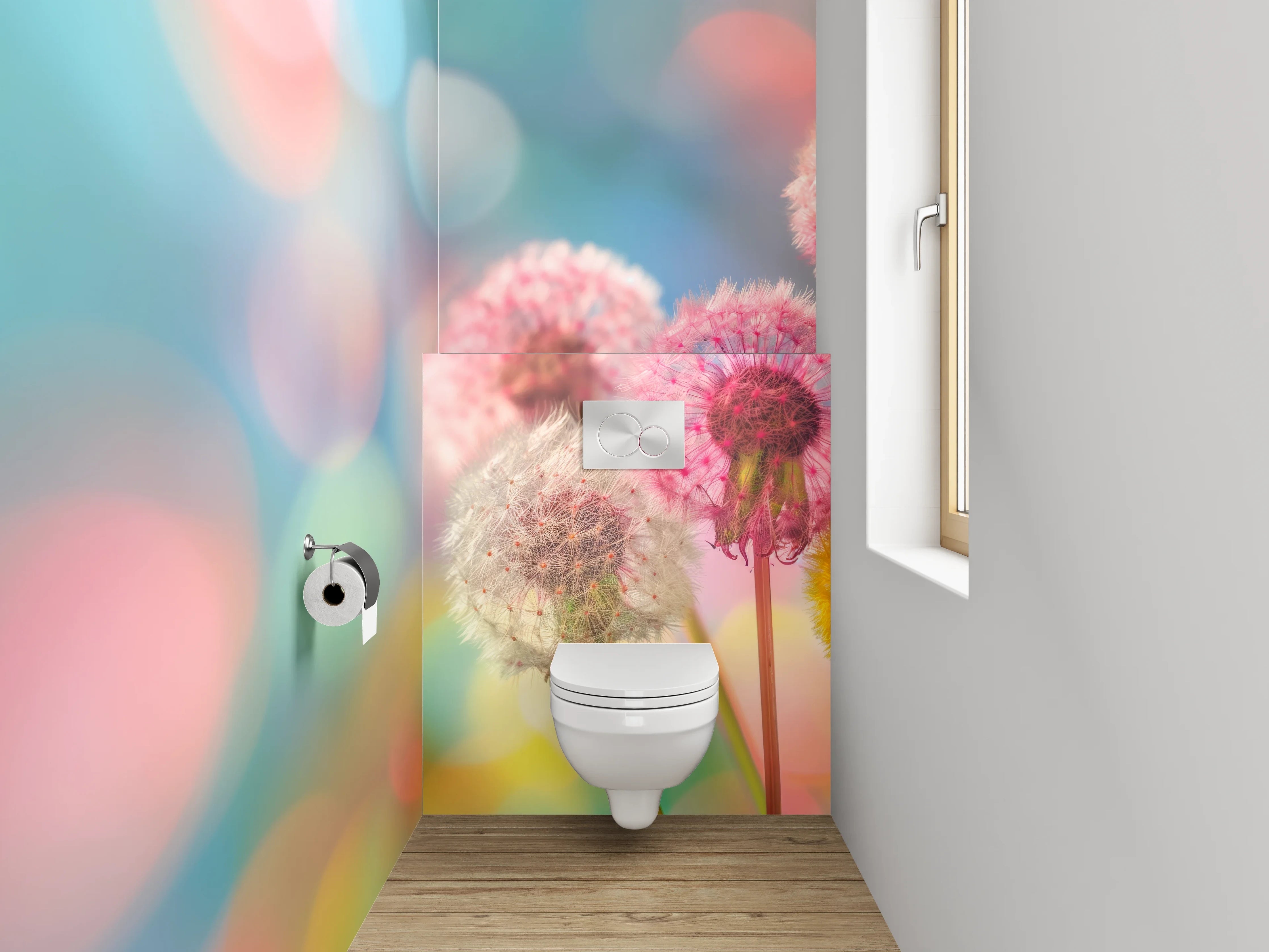 WC-Rückwand - Bunte Pusteblumen auf abstraktem Hintergrund