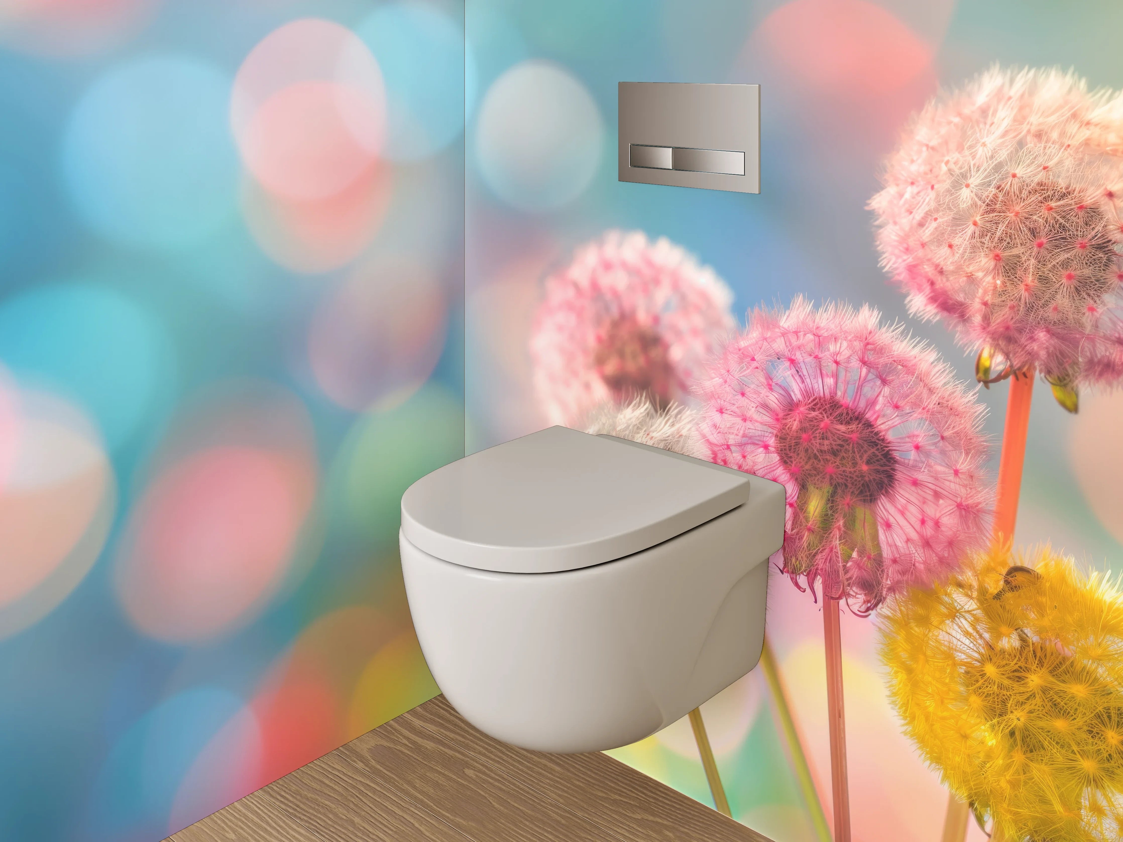 WC-Rückwand - Bunte Pusteblumen auf abstraktem Hintergrund