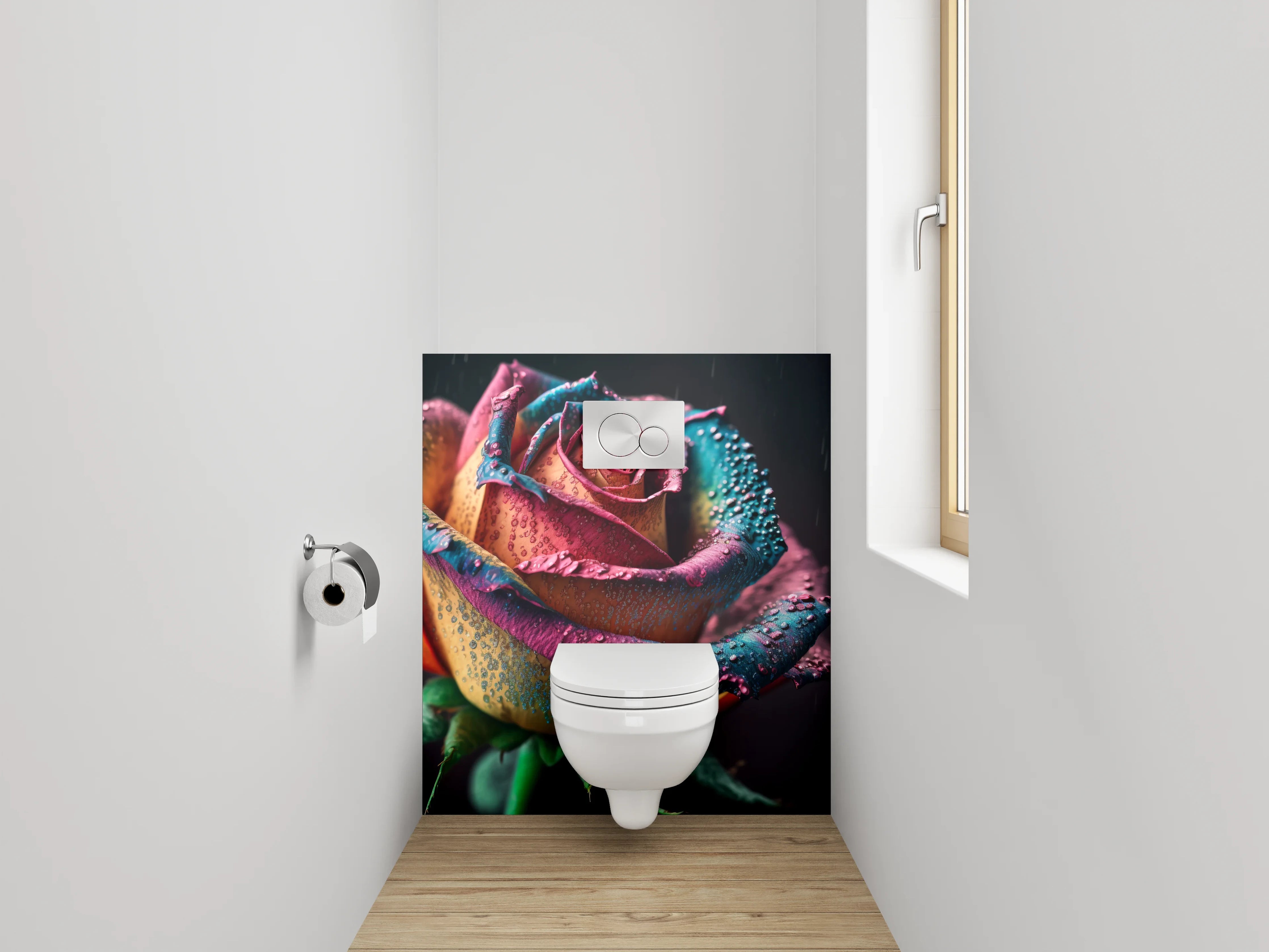 WC-Rückwand - Bunte Regenbogenrose mit Tautropfen