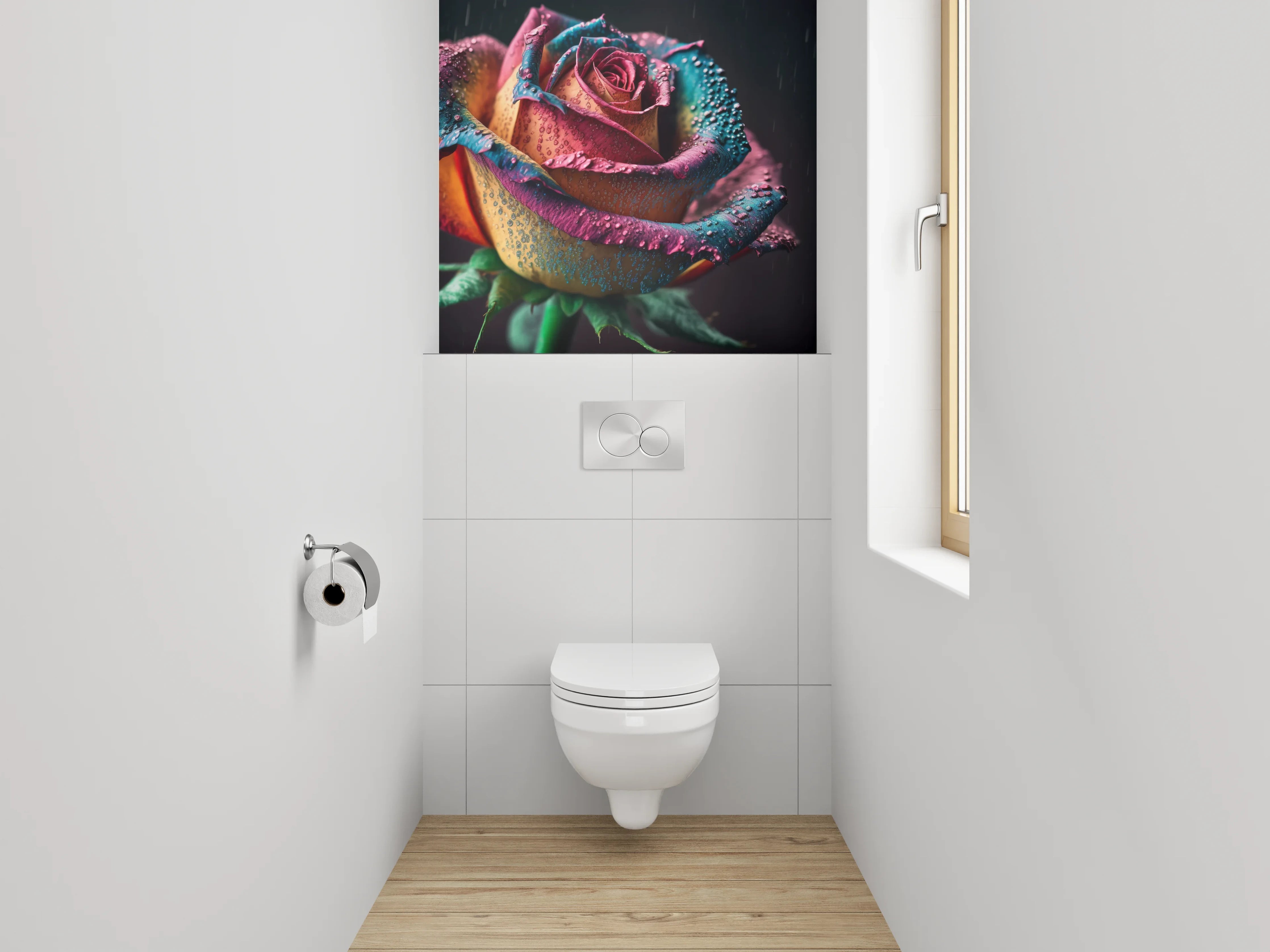 WC-Rückwand - Bunte Regenbogenrose mit Tautropfen