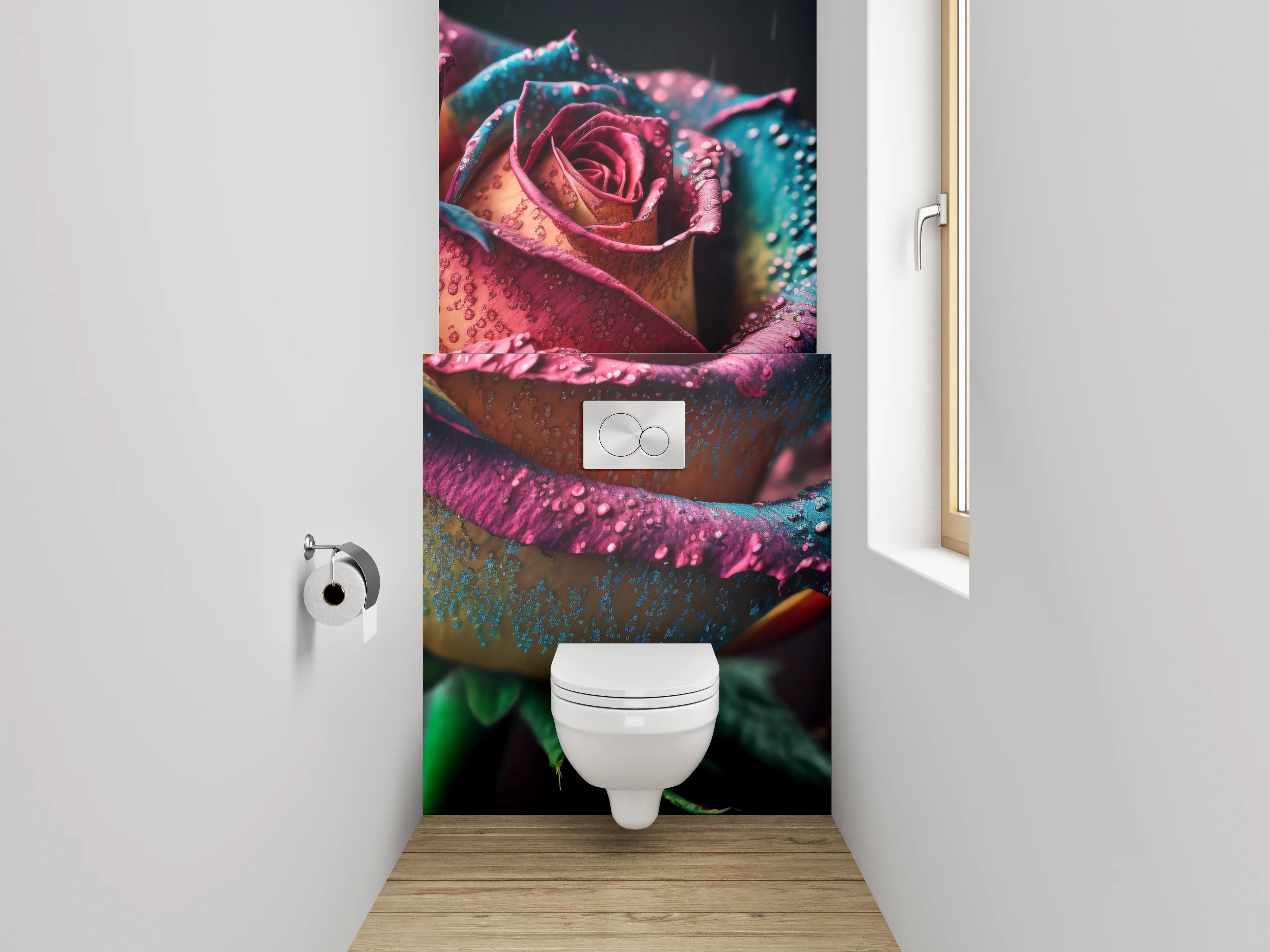 WC-Rückwand - Bunte Regenbogenrose mit Tautropfen