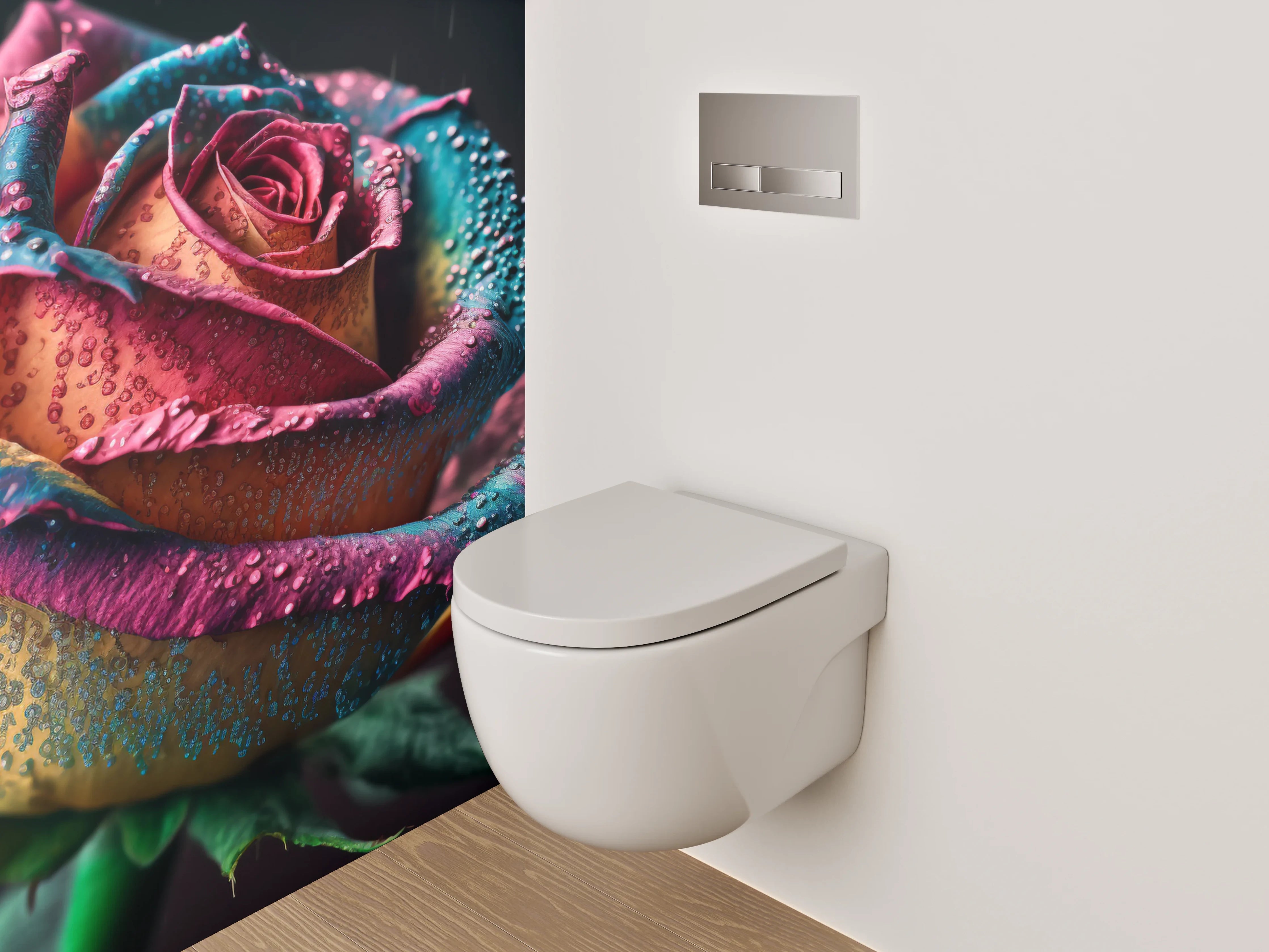 WC-Rückwand - Bunte Regenbogenrose mit Tautropfen