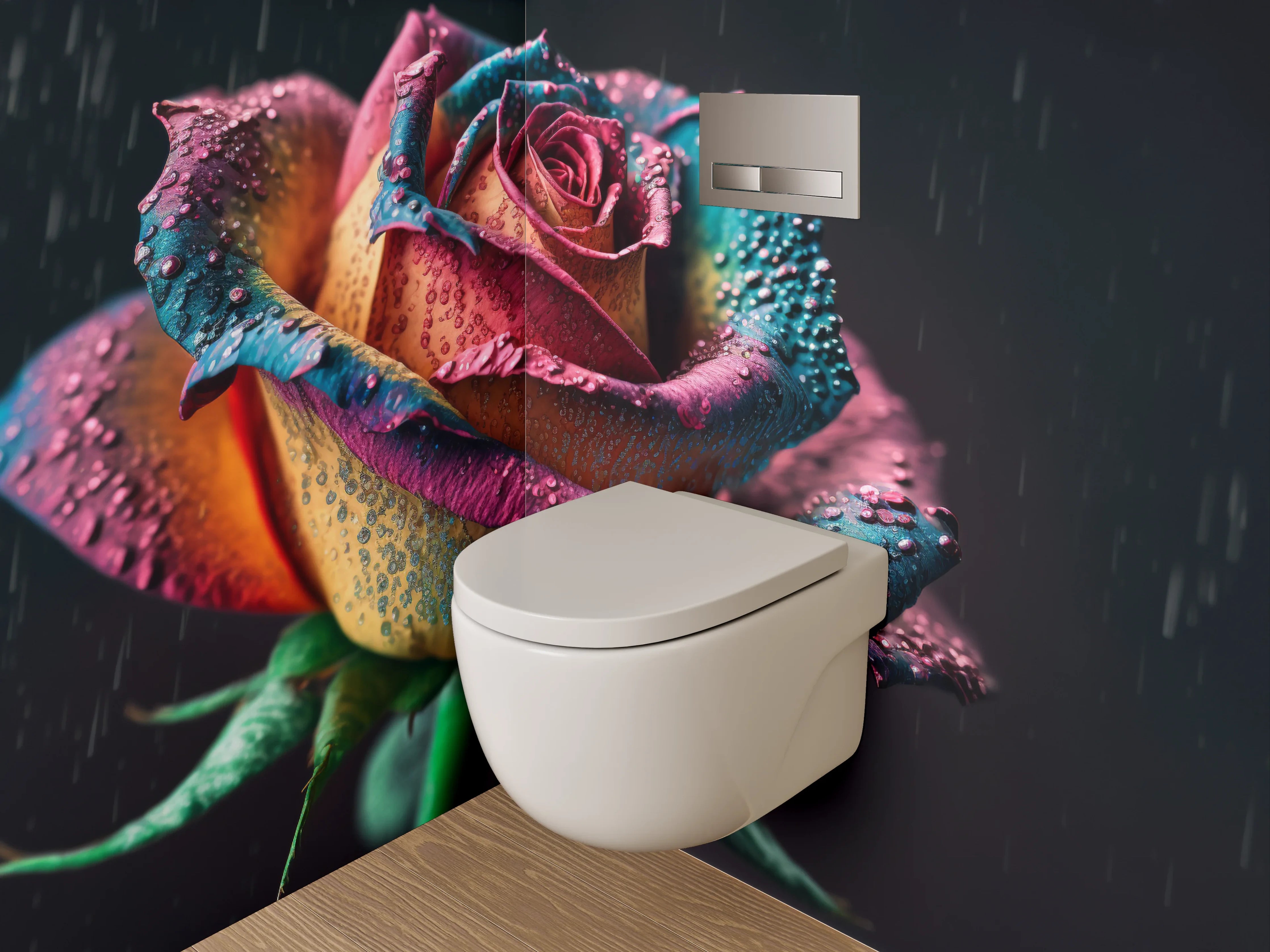 WC-Rückwand - Bunte Regenbogenrose mit Tautropfen