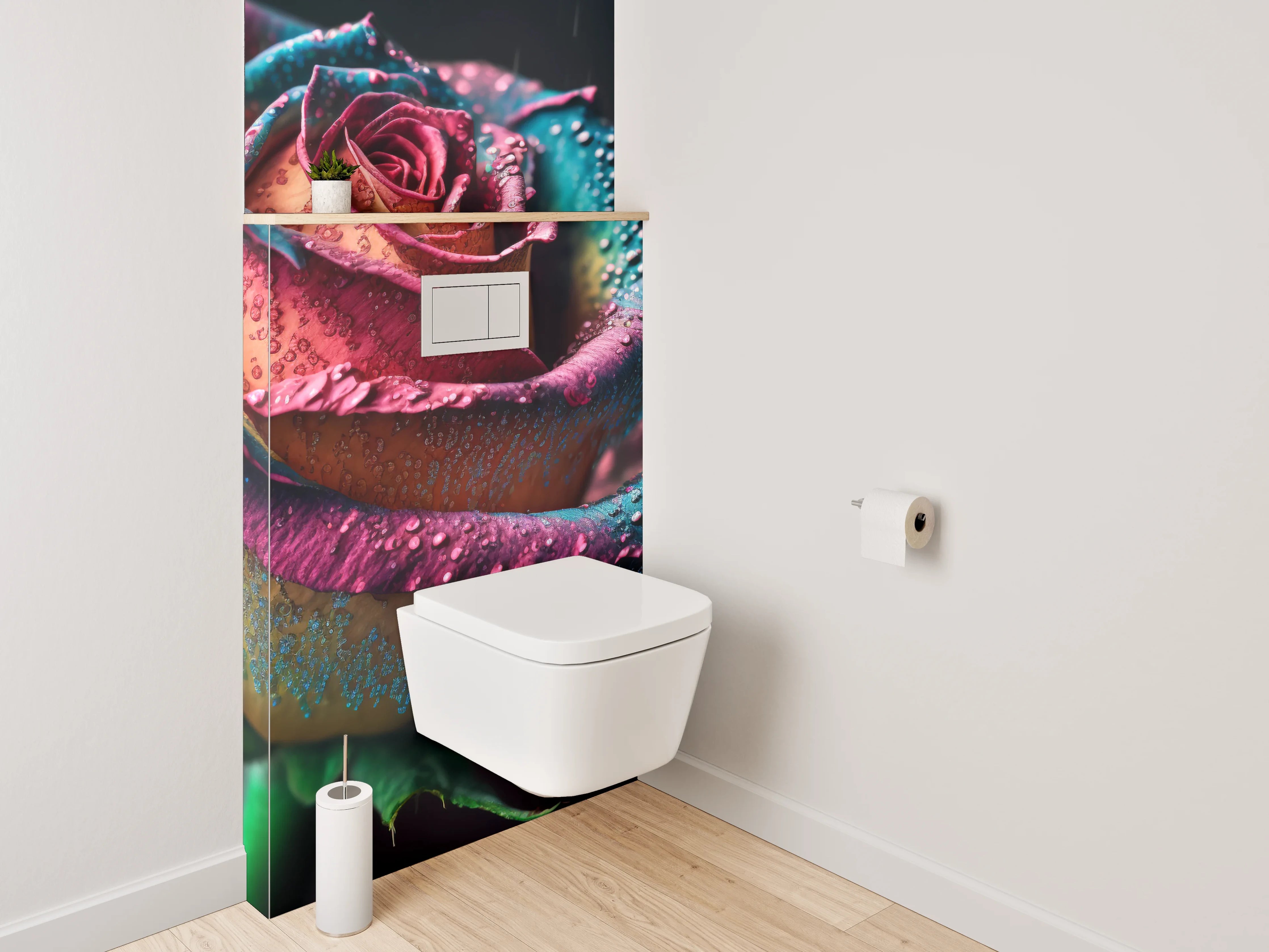 WC-Rückwand - Bunte Regenbogenrose mit Tautropfen