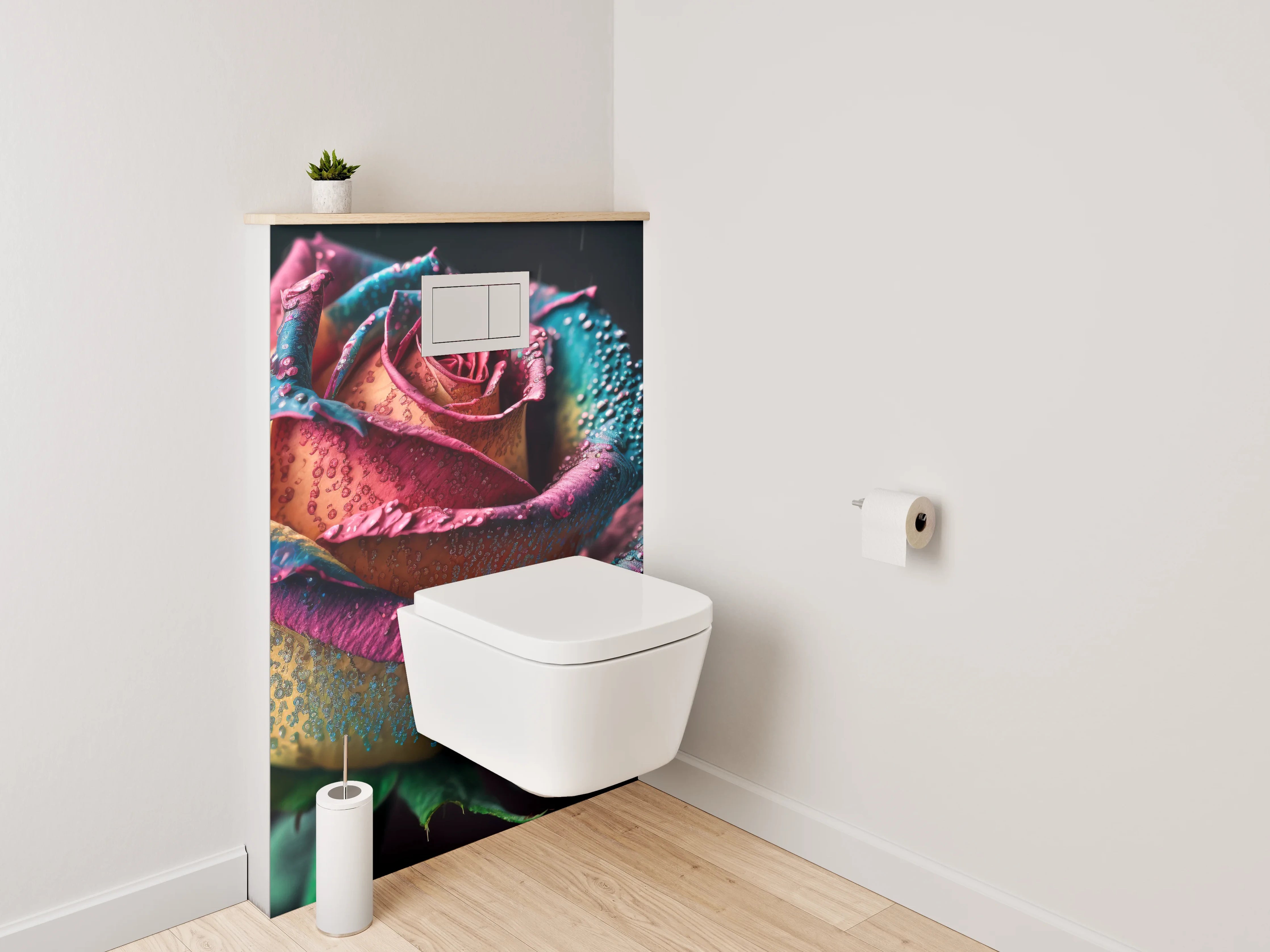 WC-Rückwand - Bunte Regenbogenrose mit Tautropfen