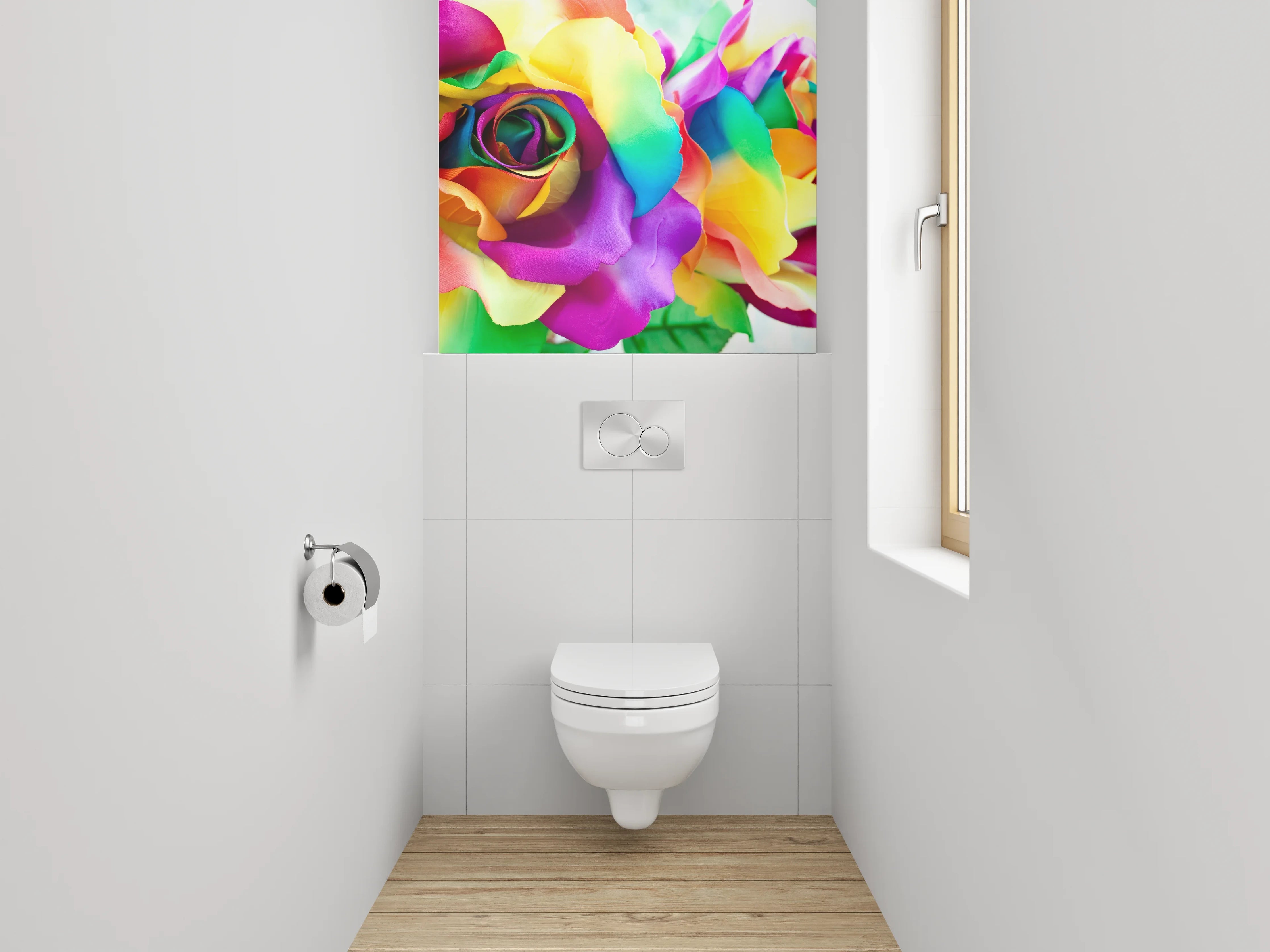 WC-Rückwand - Bunte Regenbogenrosen – Farbige Blumenpracht