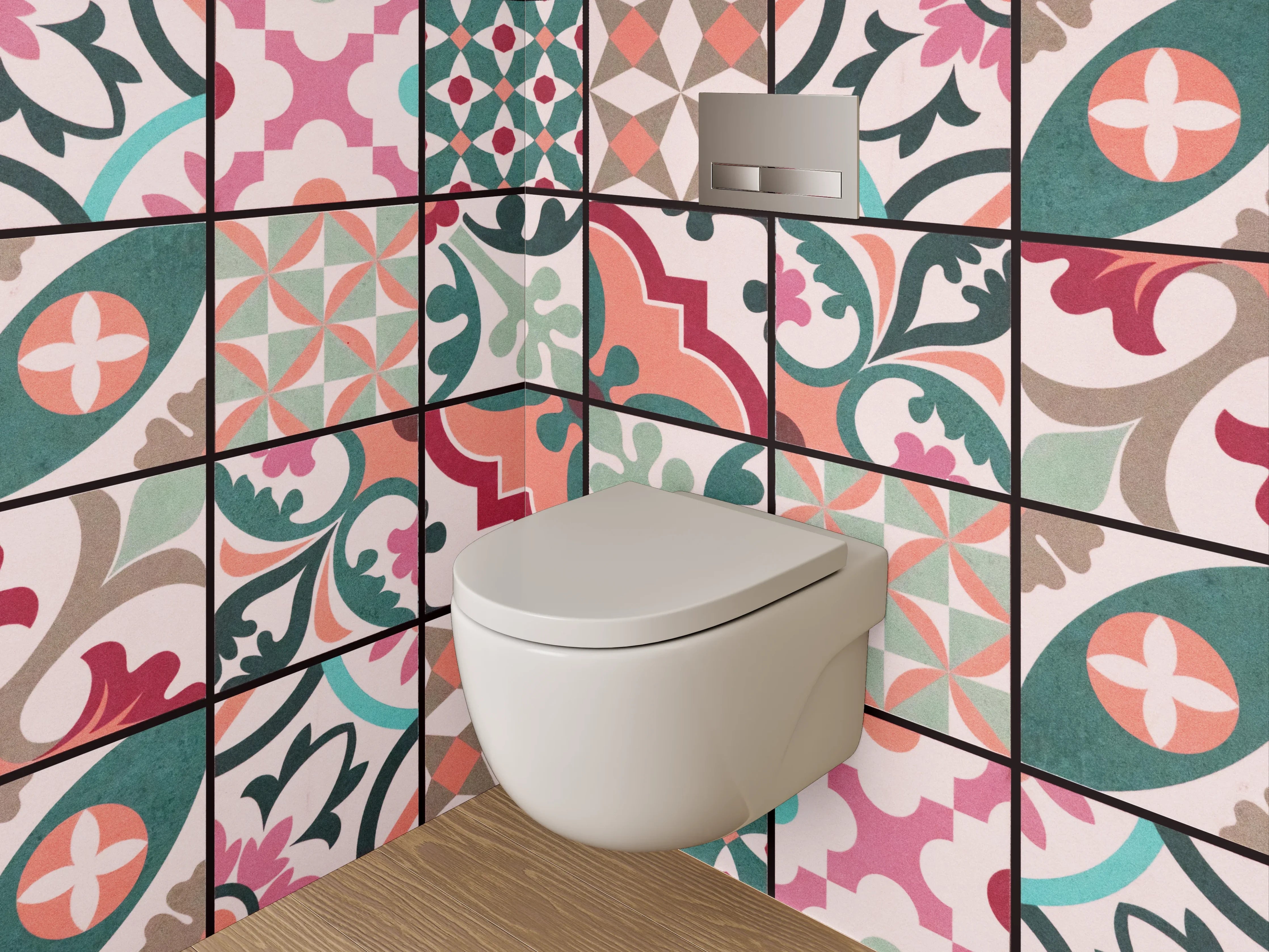 WC-Rückwand - Bunte Retro-Fliesen Muster Bordüre