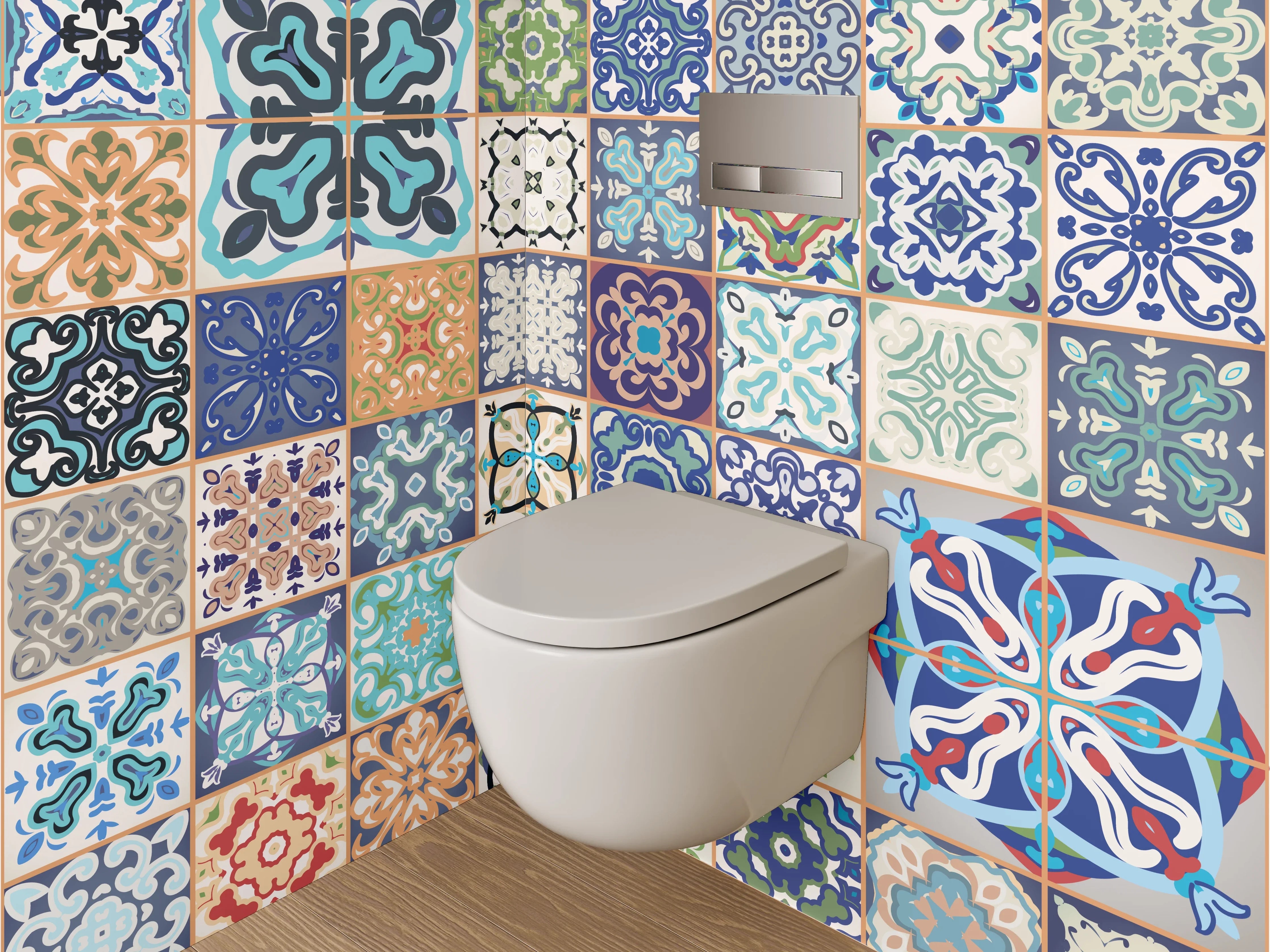 WC-Rückwand - Bunte Retro Fliesenmuster Mosaikoptik