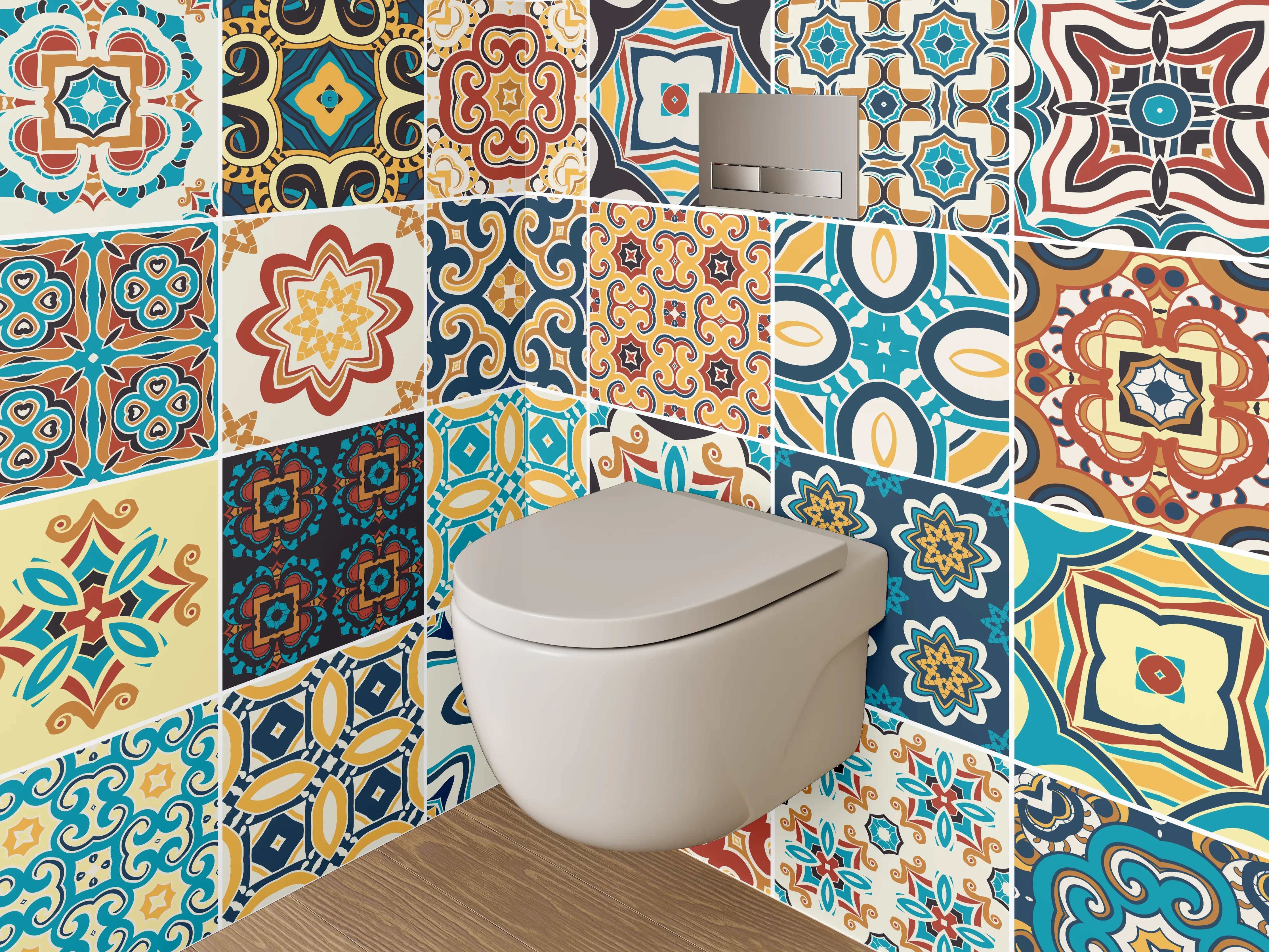 WC-Rückwand - Bunte Vintage Fliesenmuster Mix