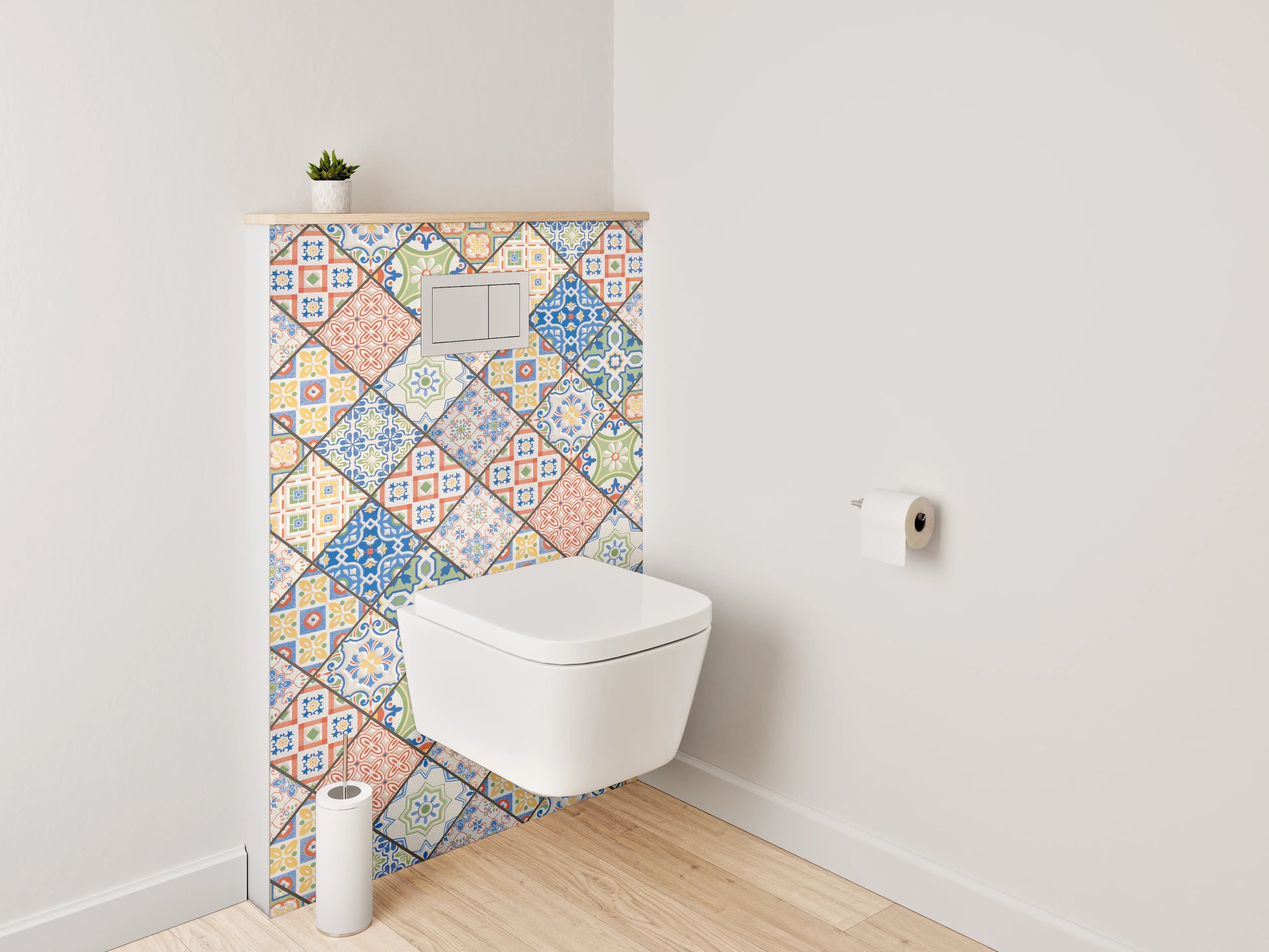 WC-Rückwand - Buntes Patchwork-Fliesen-Muster Vintage Retro