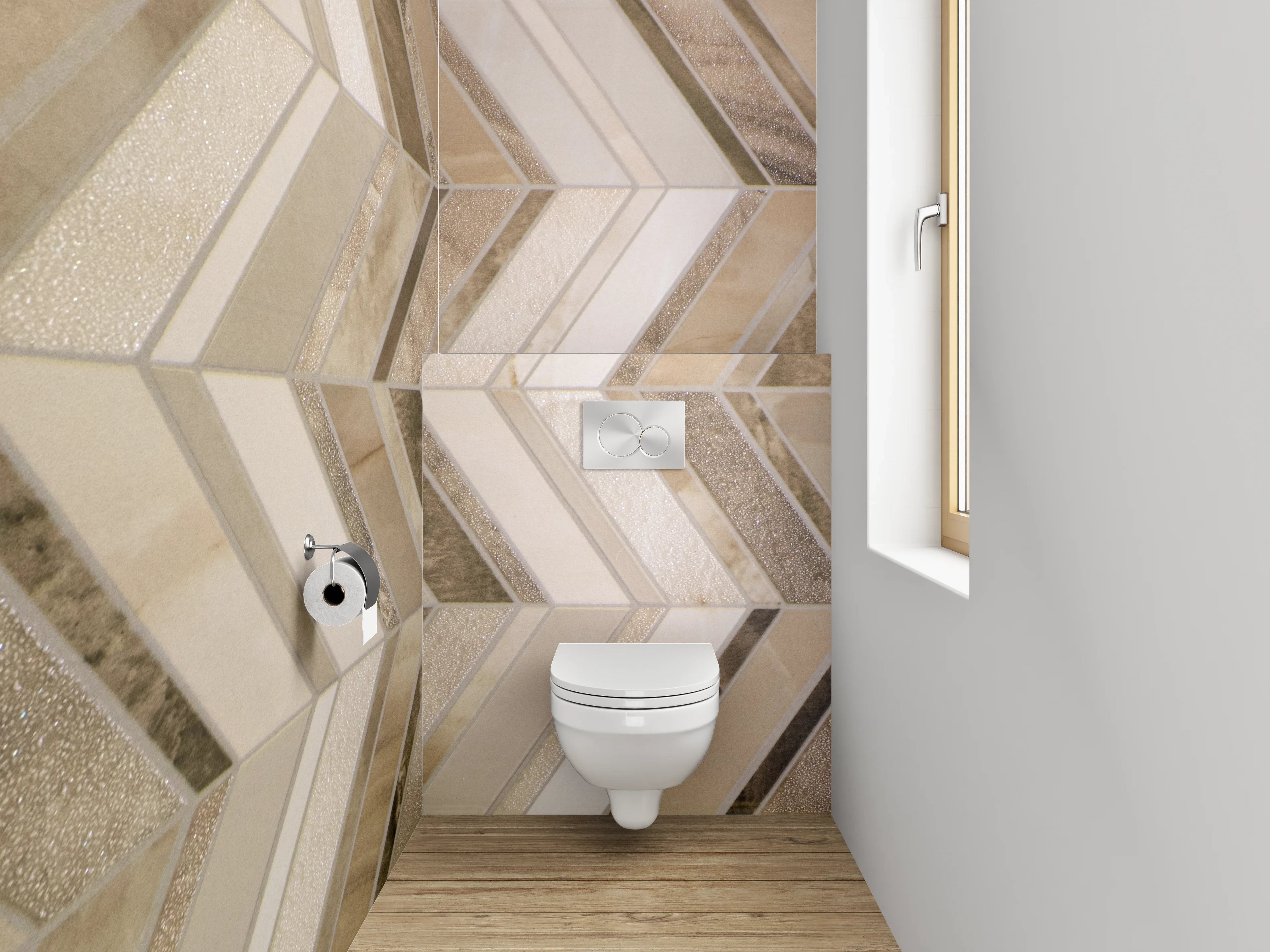 WC-Rückwand - Chevron Mosaik Steinoptik Beige Grau