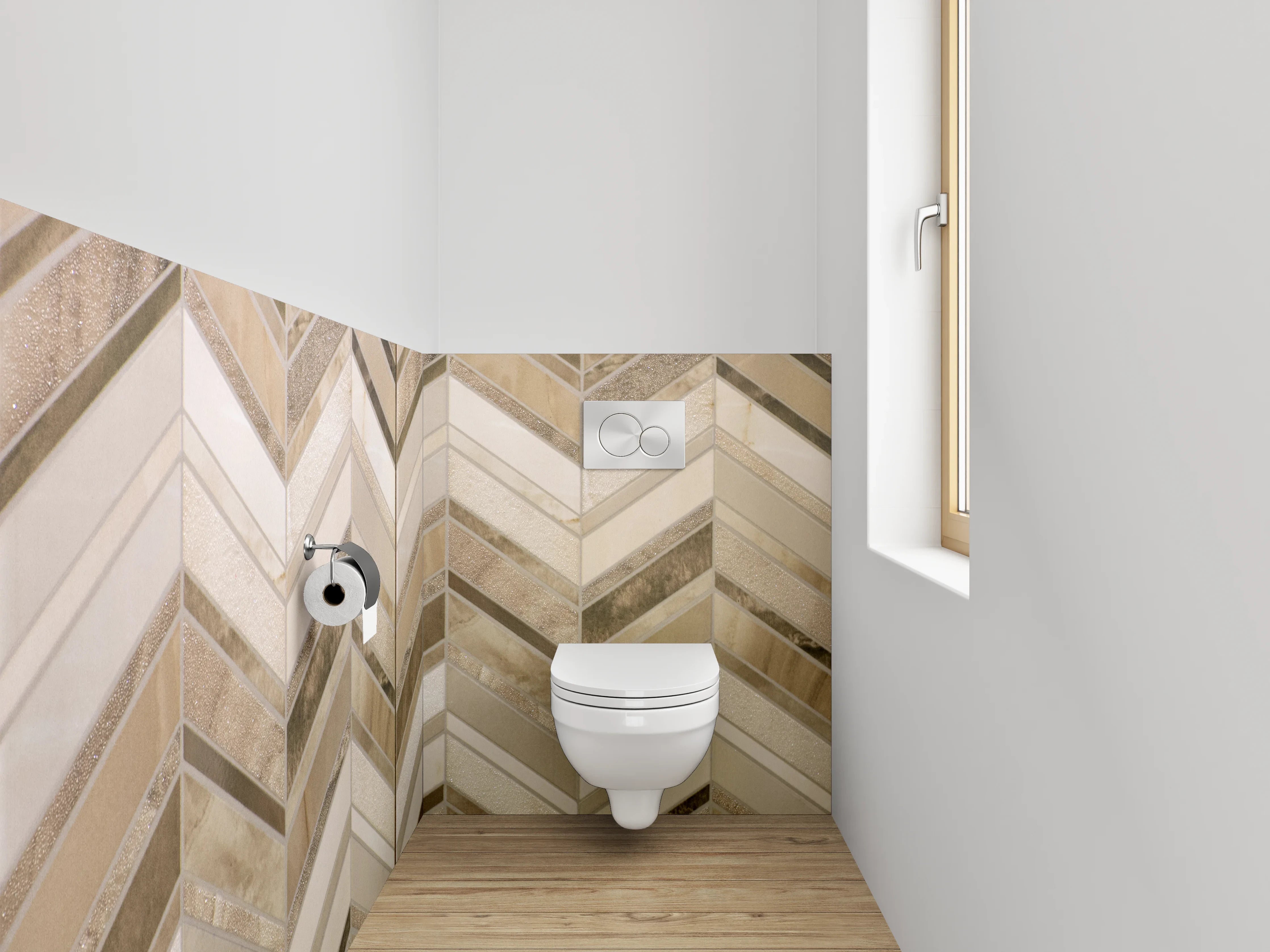 WC-Rückwand - Chevron-Mosaik in Beige und Braun