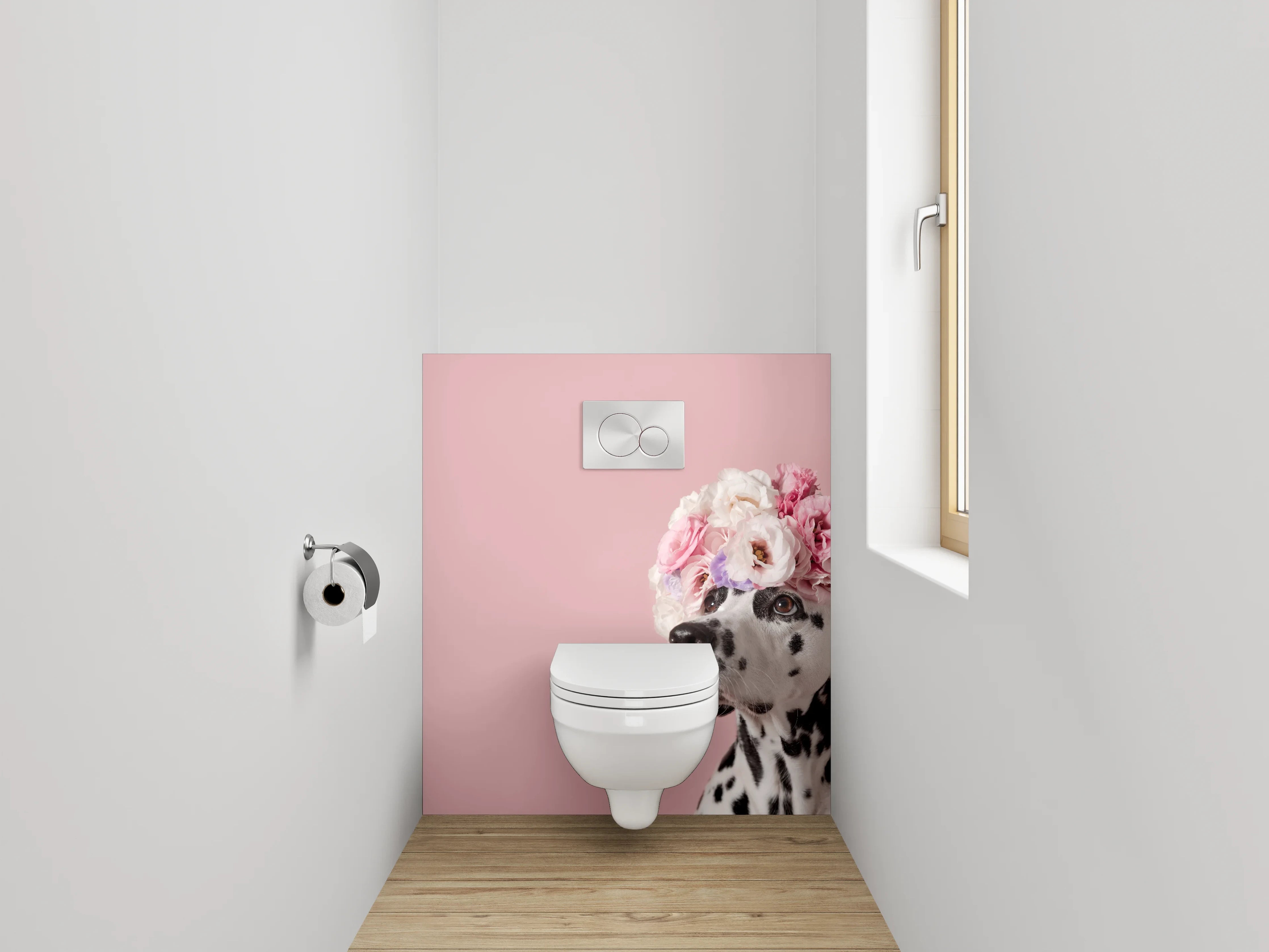 WC-Rückwand - Dalmatiner mit Blumenkranz auf Rosa