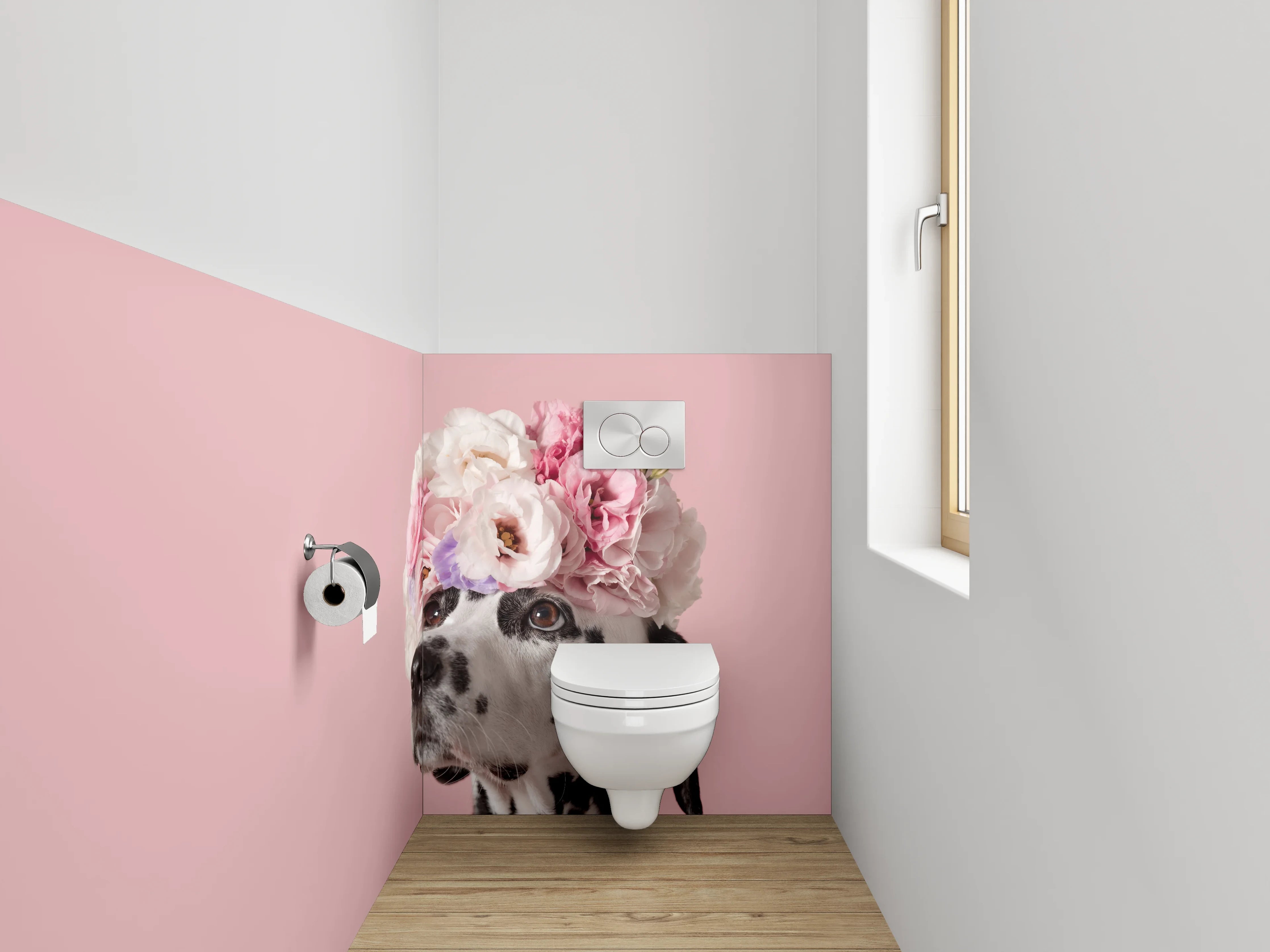 WC-Rückwand - Dalmatiner mit Blumenkranz auf Rosa
