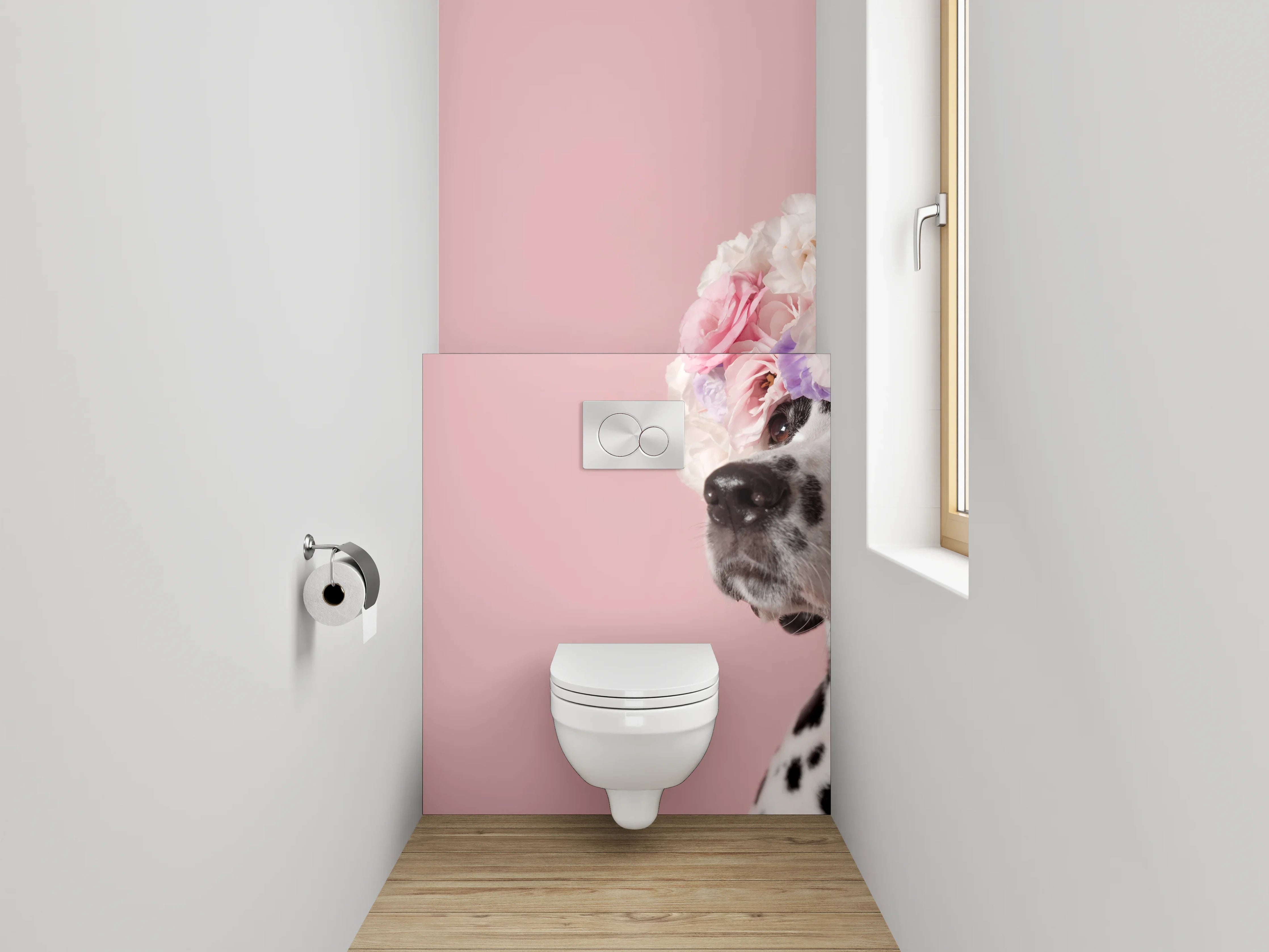 WC-Rückwand - Dalmatiner mit Blumenkranz auf Rosa