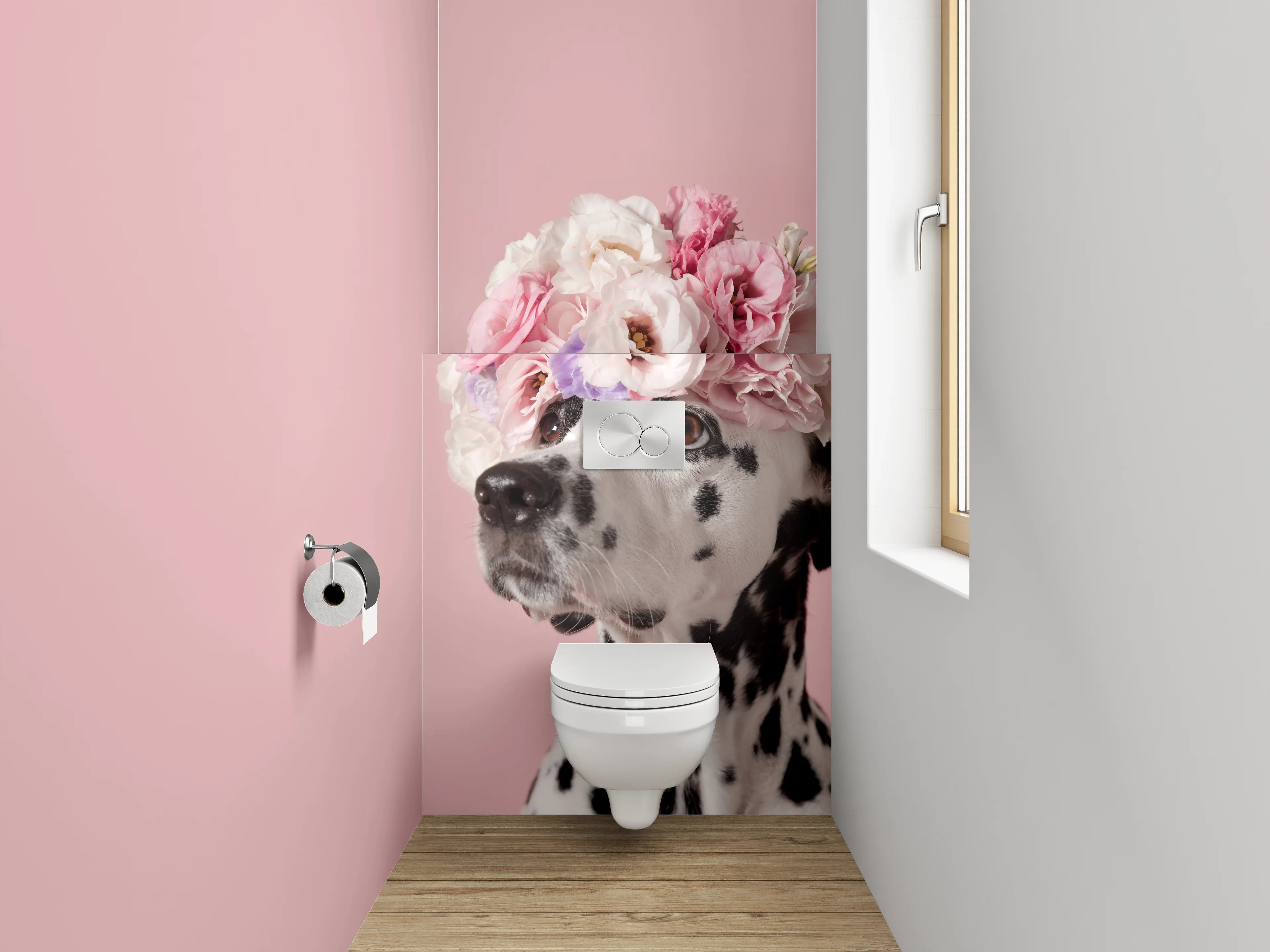 WC-Rückwand - Dalmatiner mit Blumenkranz auf Rosa