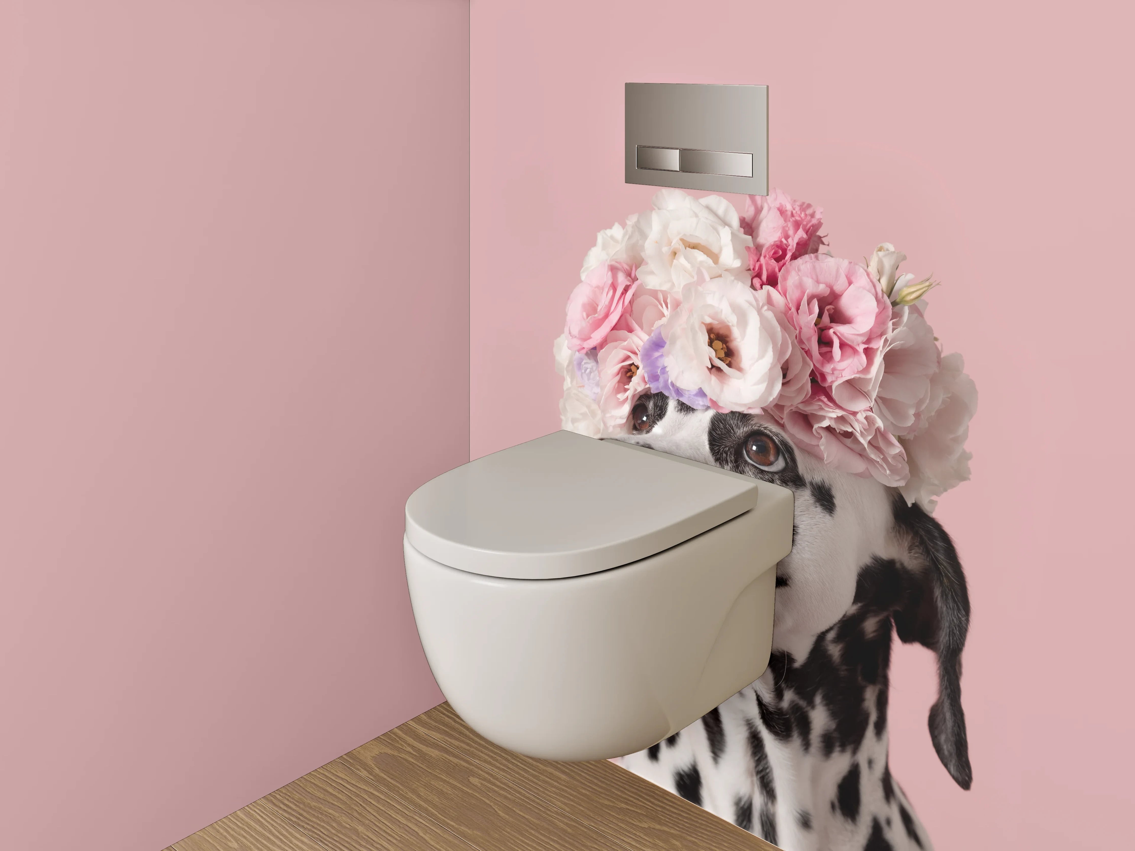 WC-Rückwand - Dalmatiner mit Blumenkranz auf Rosa