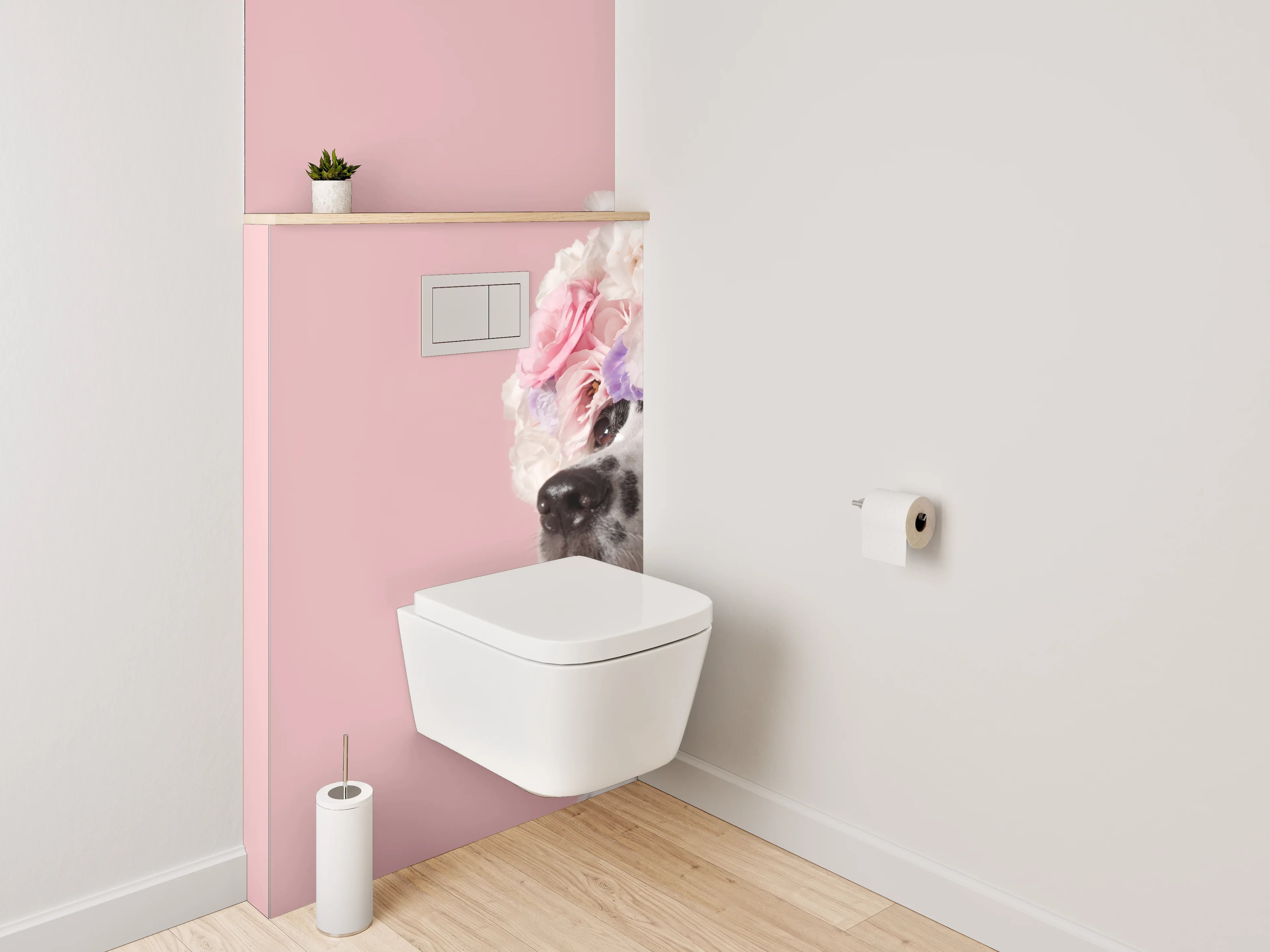 WC-Rückwand - Dalmatiner mit Blumenkranz auf Rosa