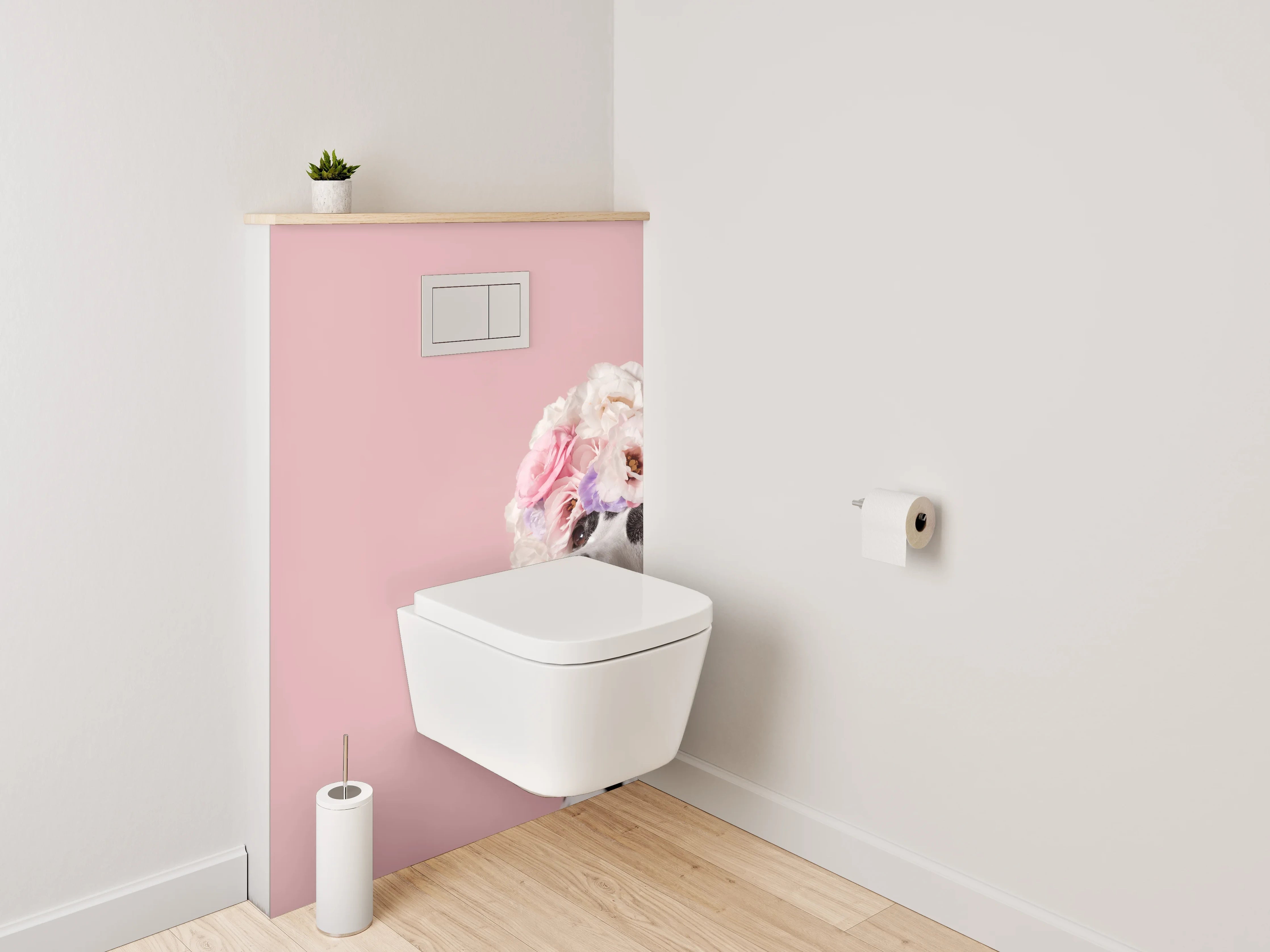 WC-Rückwand - Dalmatiner mit Blumenkranz auf Rosa