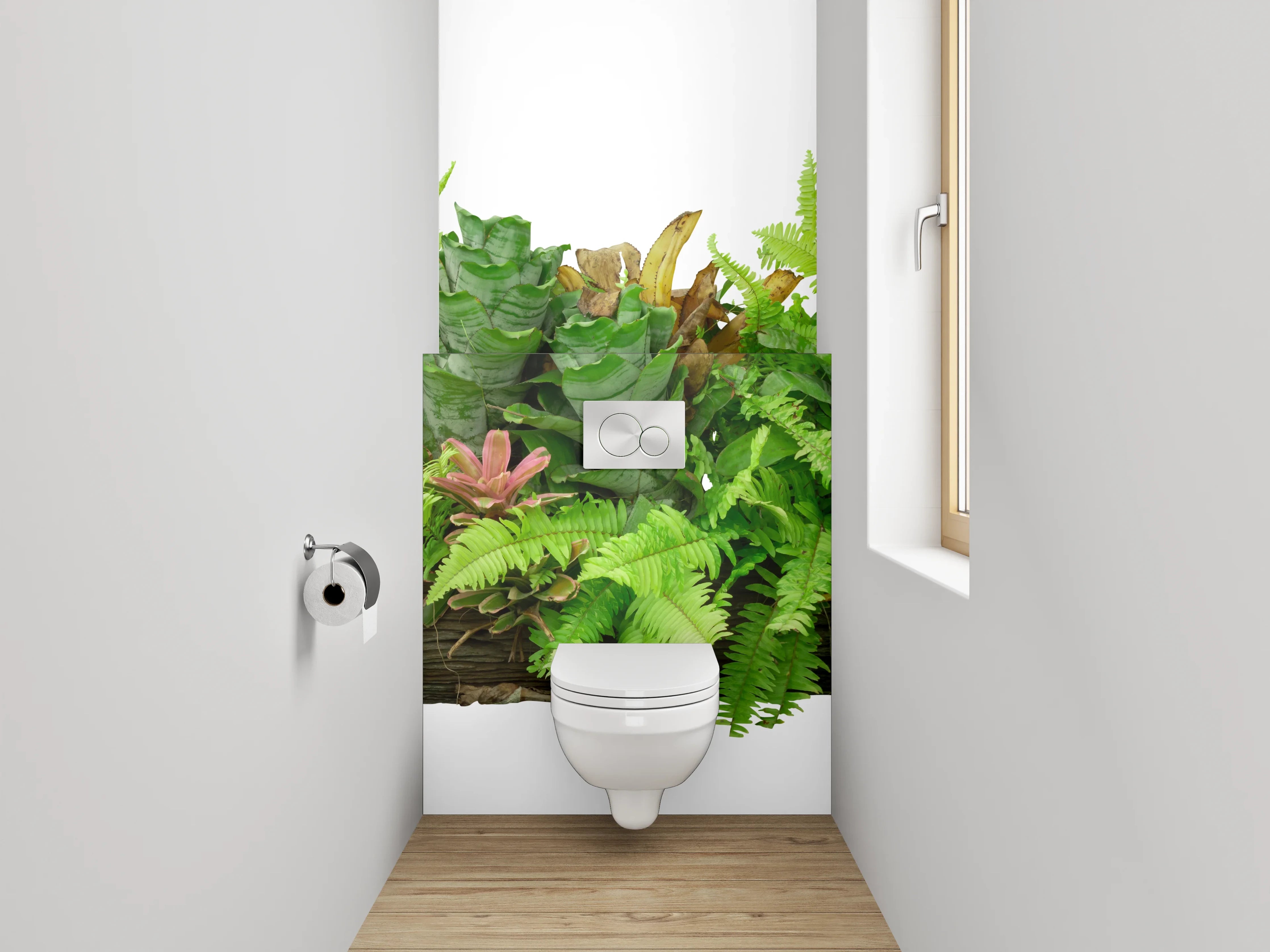 WC-Rückwand - Deko-Holz mit Farnen und Blättern