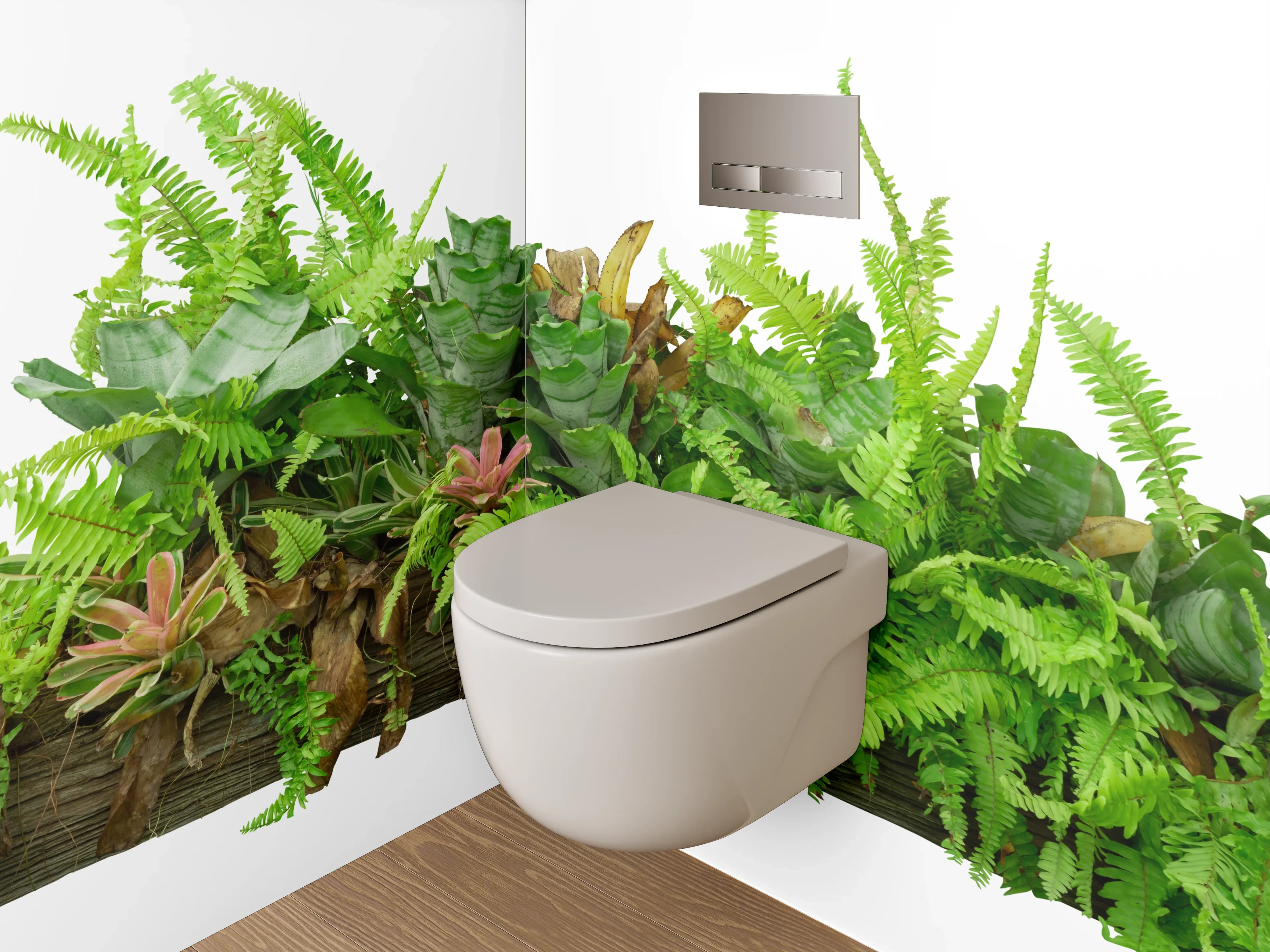 WC-Rückwand - Deko-Holz mit Farnen und Blättern