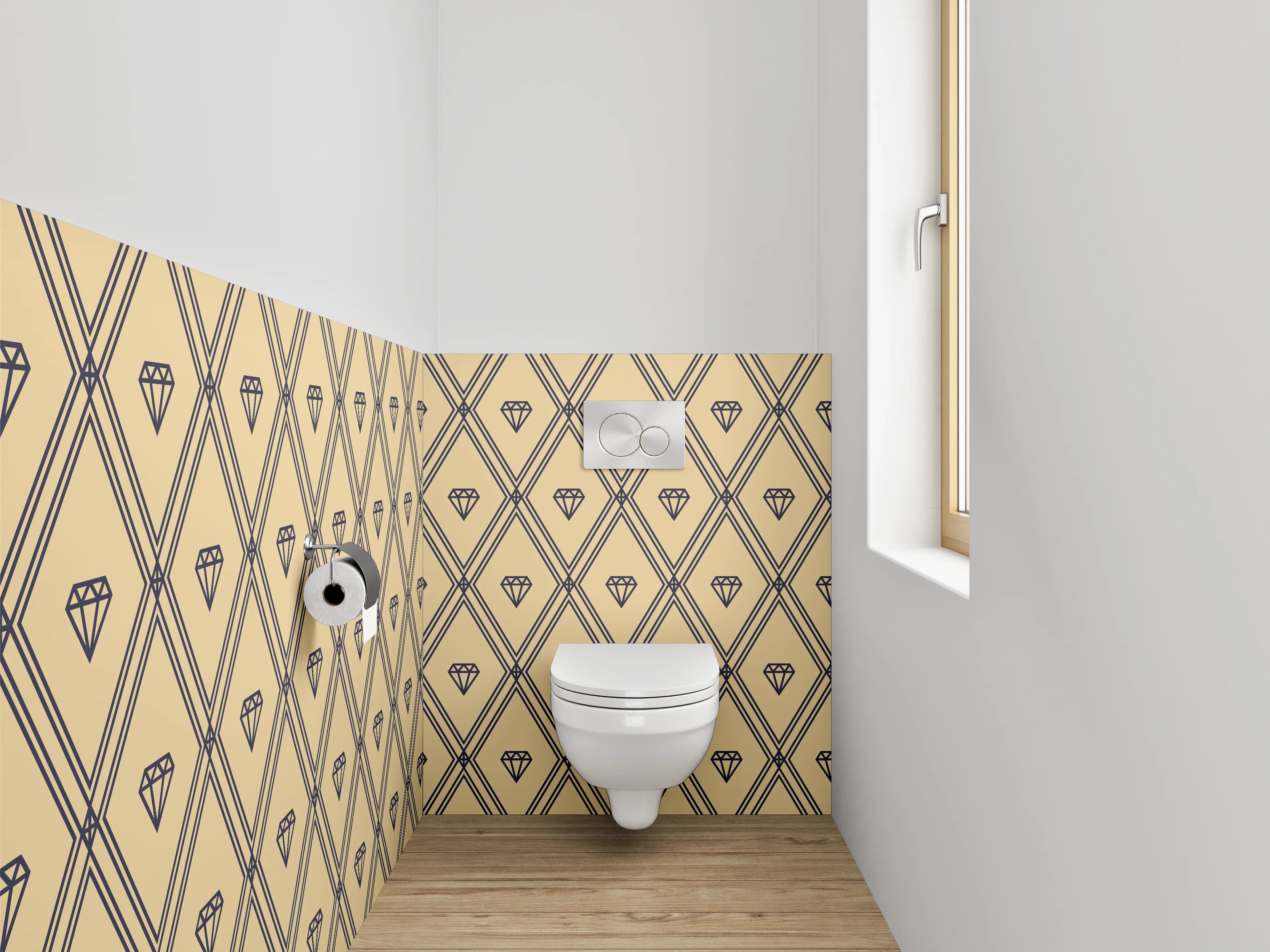 WC-Rückwand - Diamantartiges Art-Deco Muster beige schwarz