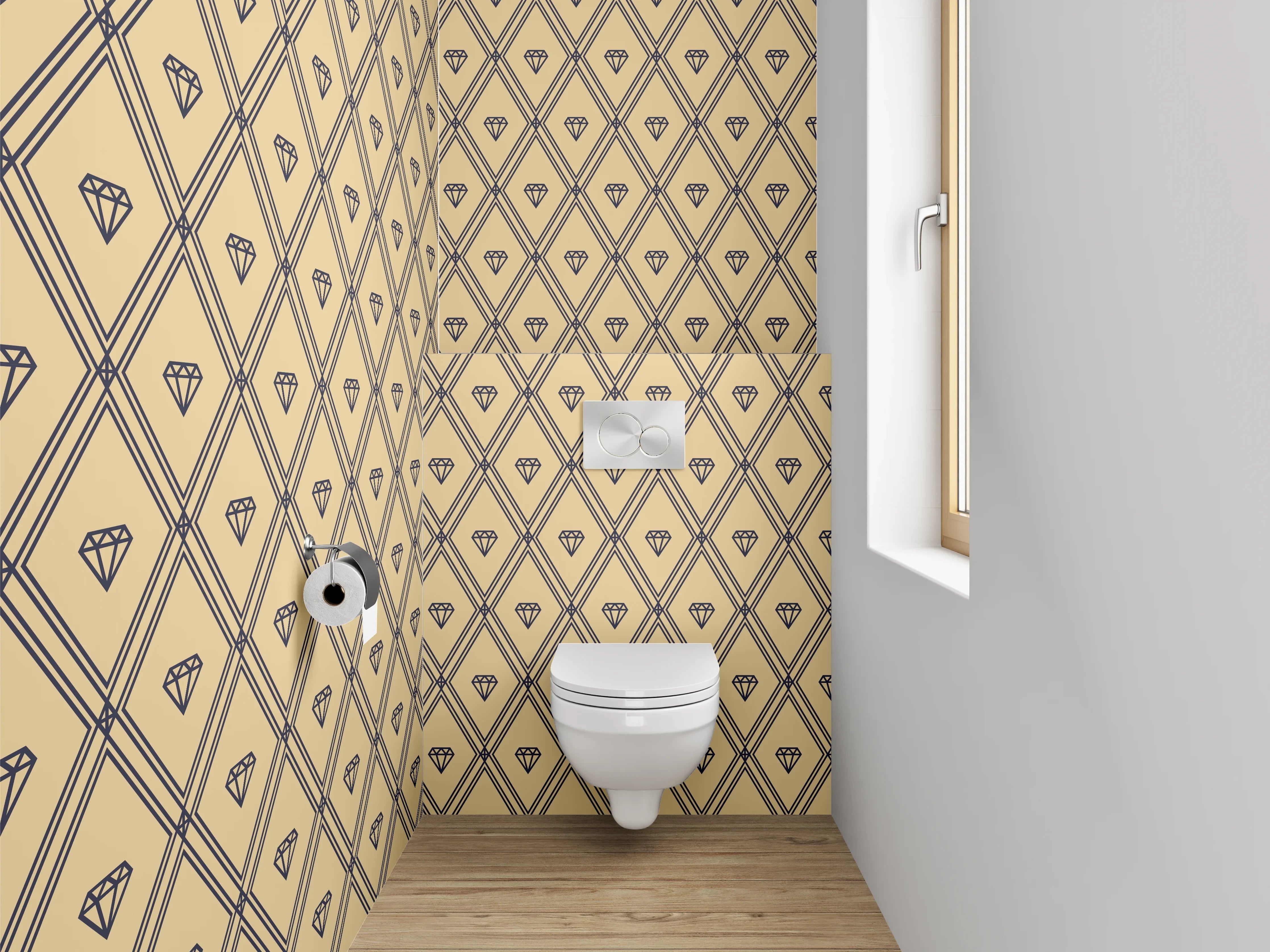 WC-Rückwand - Diamantartiges Art-Deco Muster beige schwarz