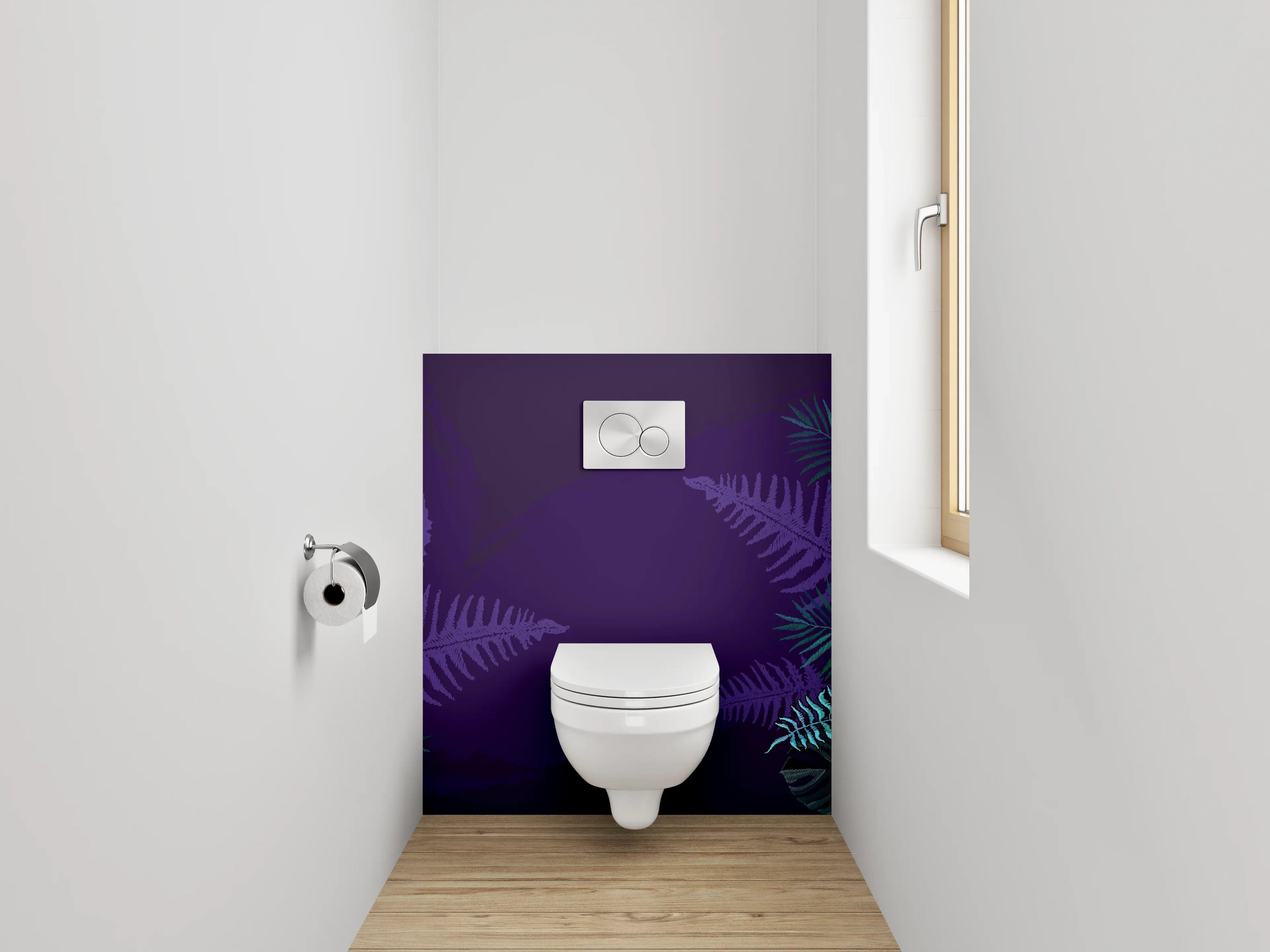 WC-Rückwand - Dinosaurier-Illustration mit Farnen und Fossilien